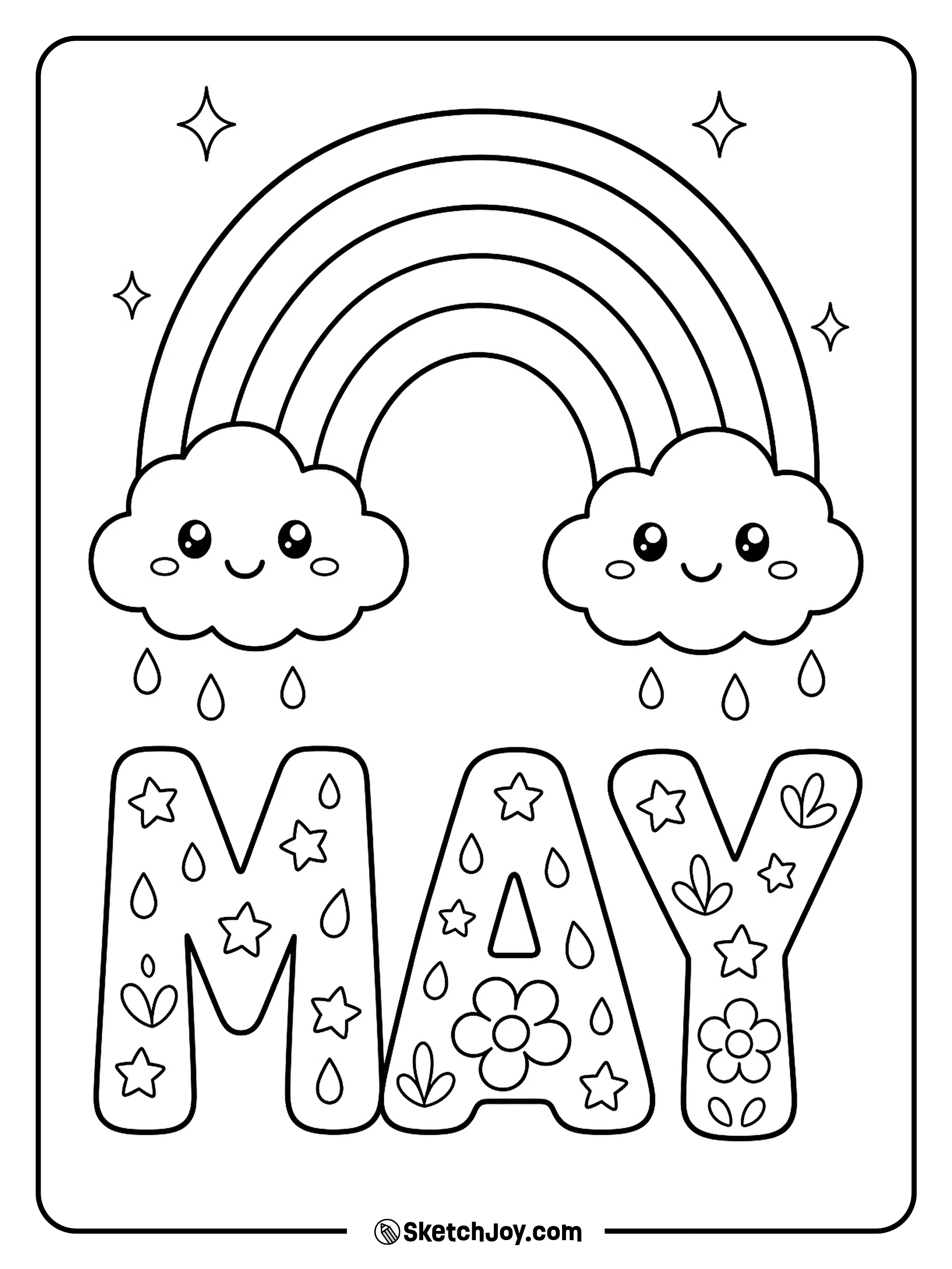 A rainbow arches over happy MAY letters and soft clouds.
