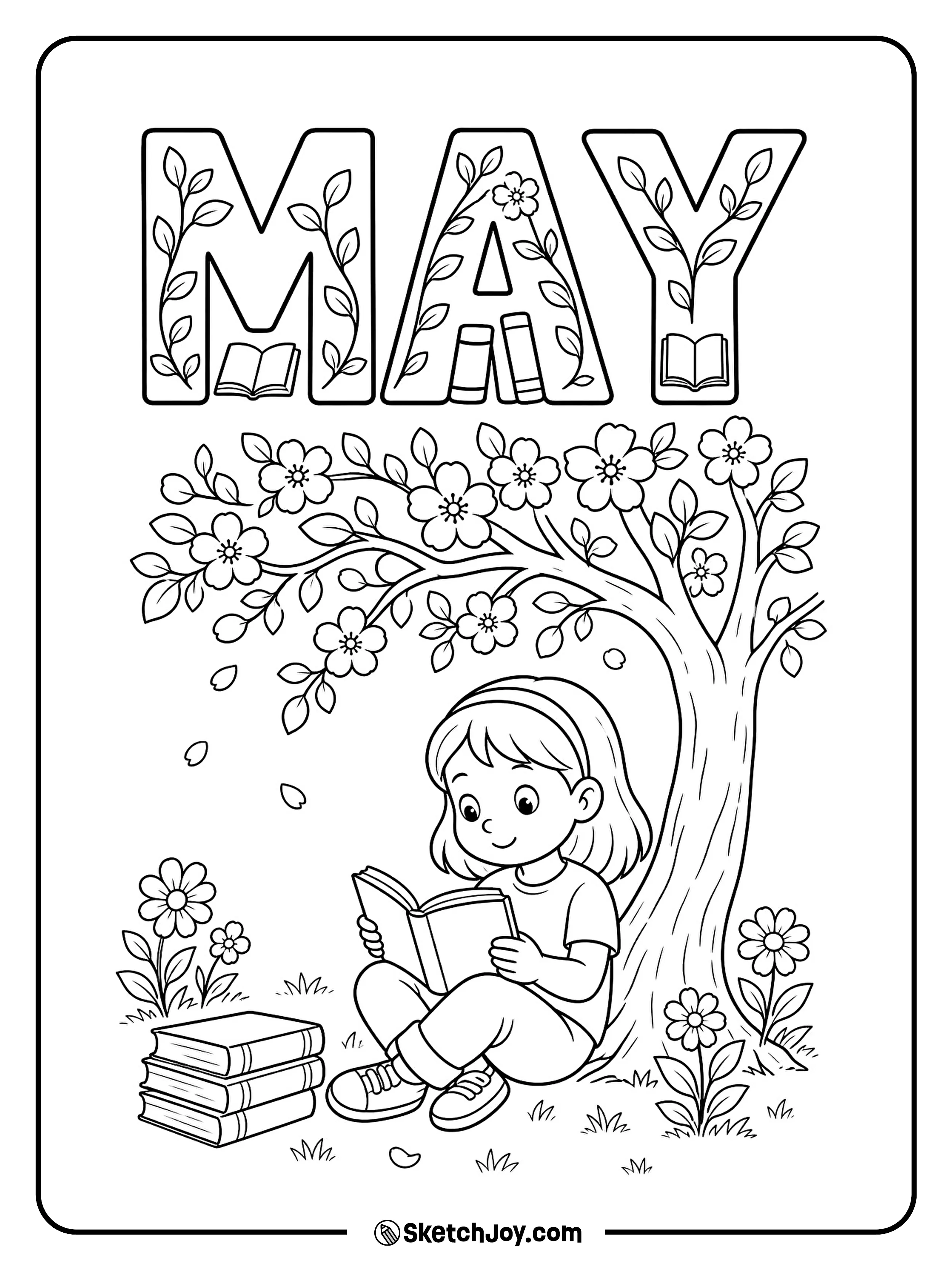 A child reads under a tree beside playful MAY letters.