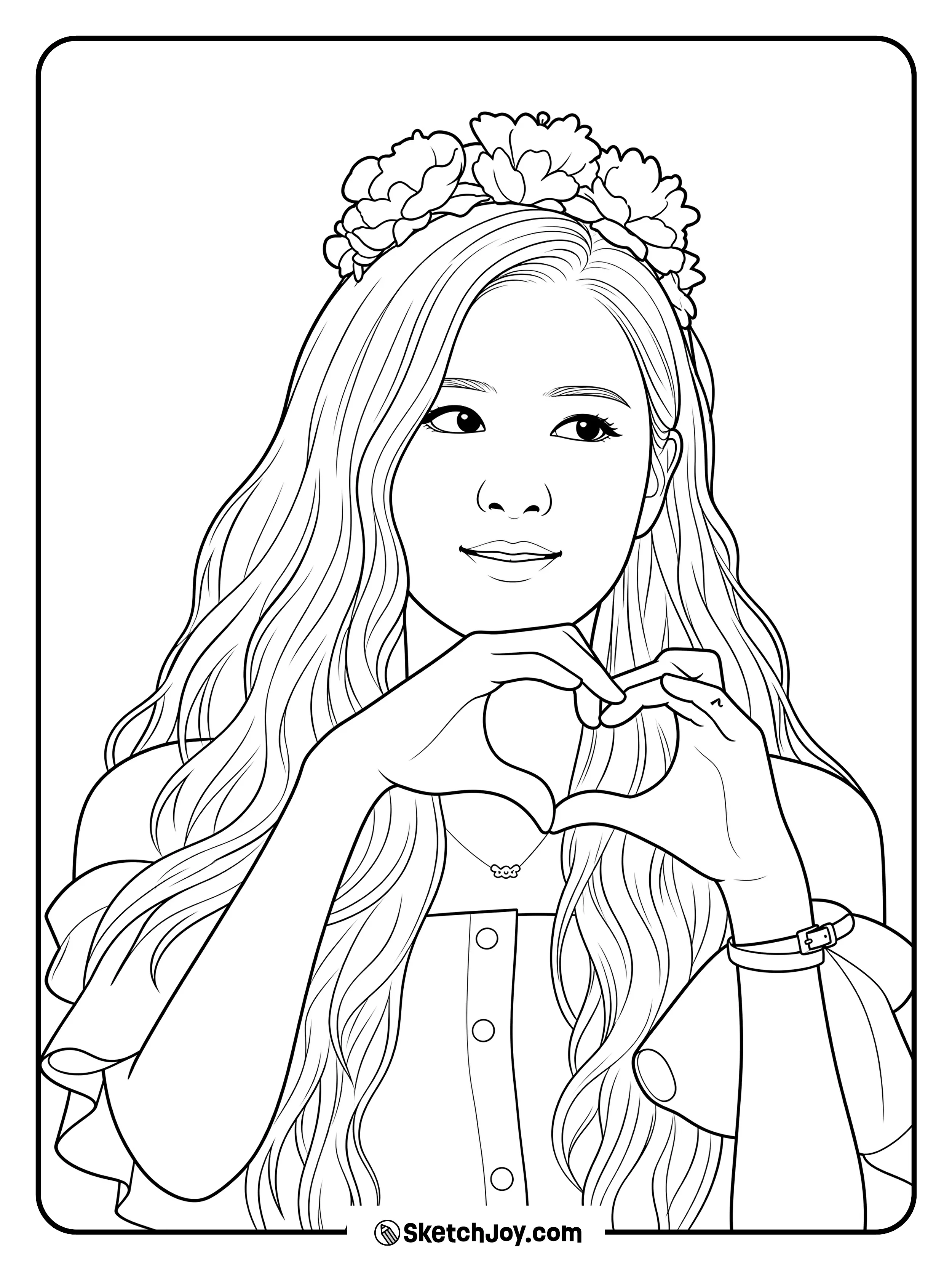 Rosé smiles softly while making a heart with her hands.