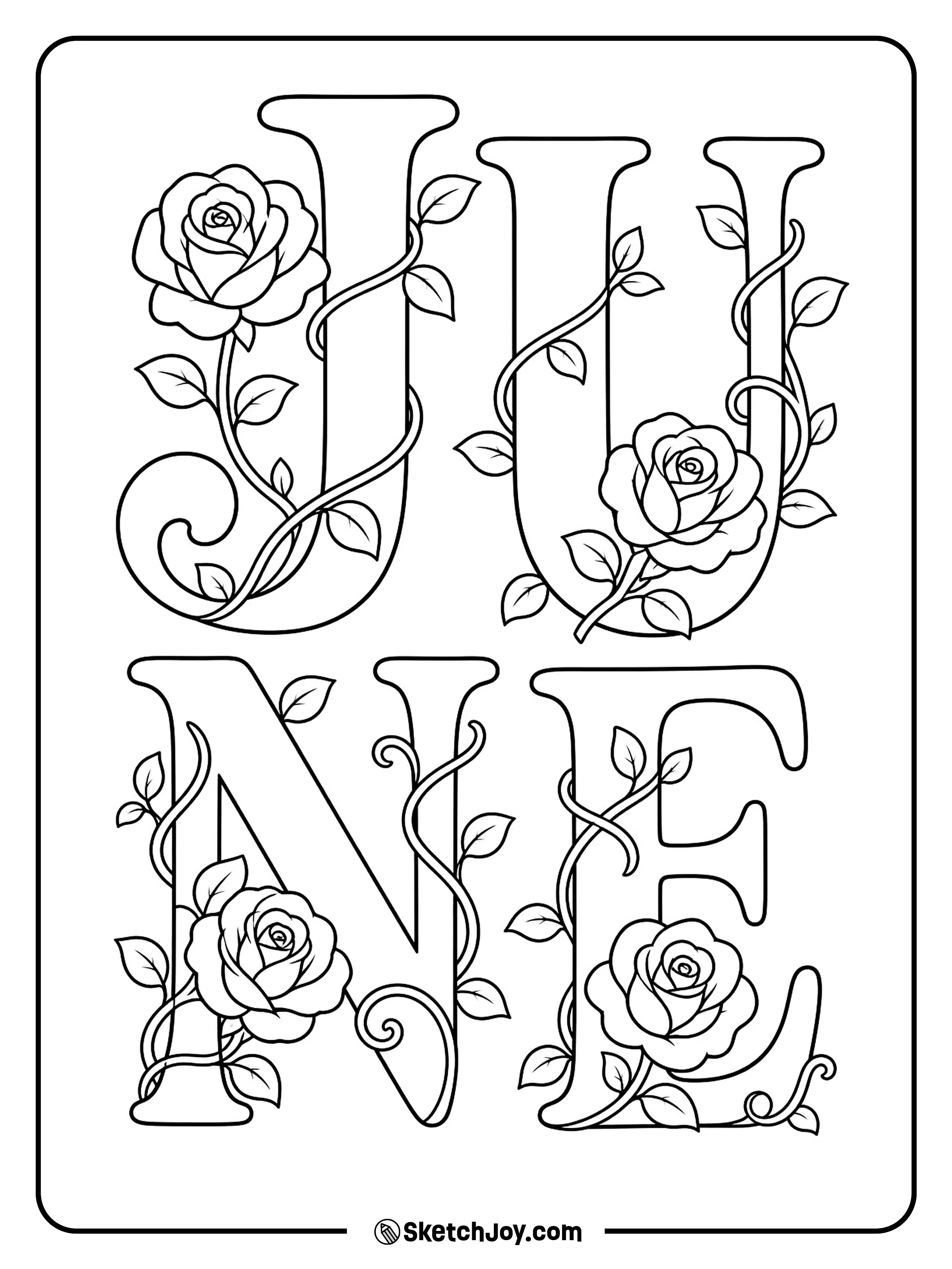 Roses wrap around soft June letters.