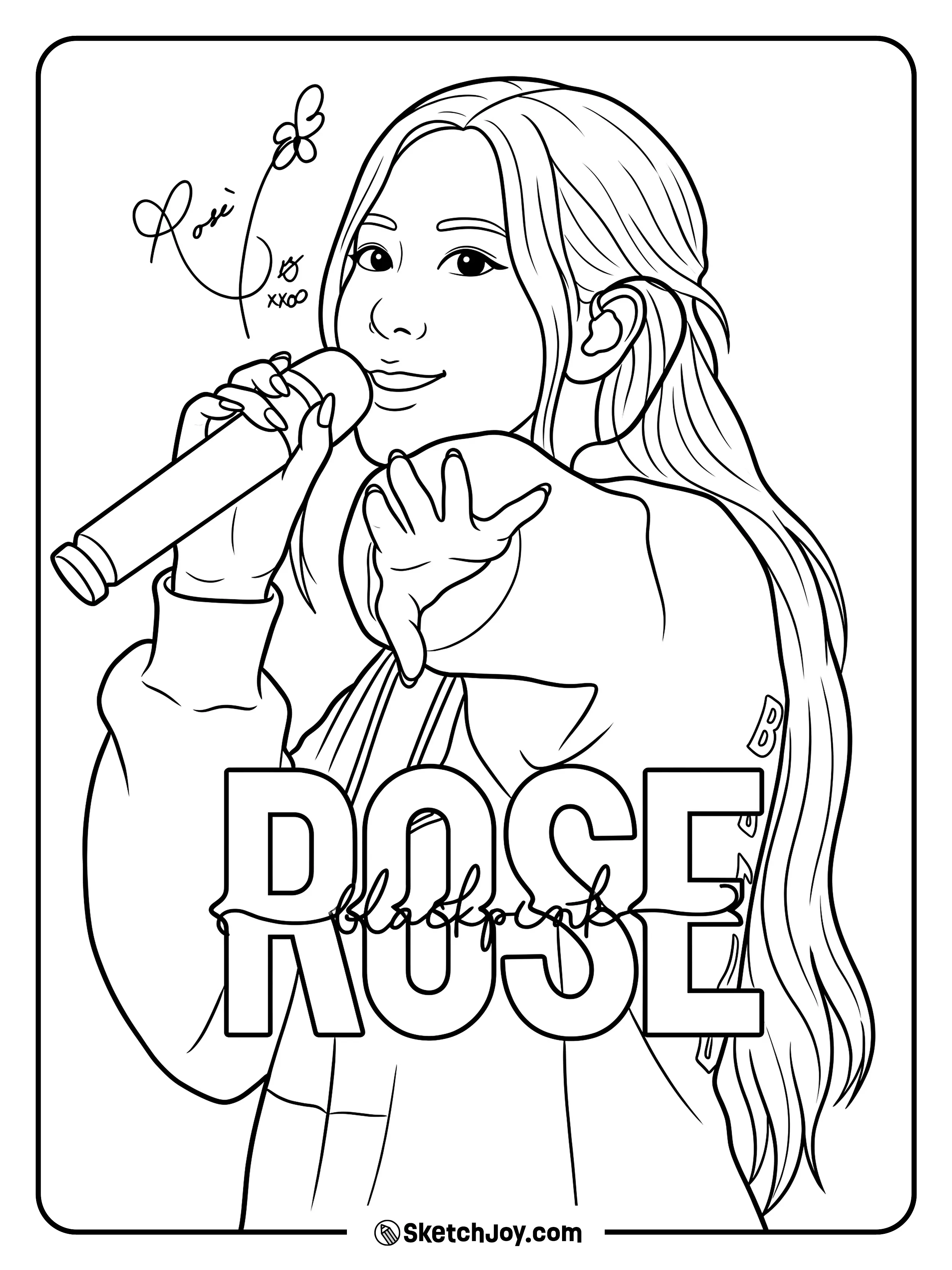 Rosé sings into the mic with a soft smile and cute hand pose.