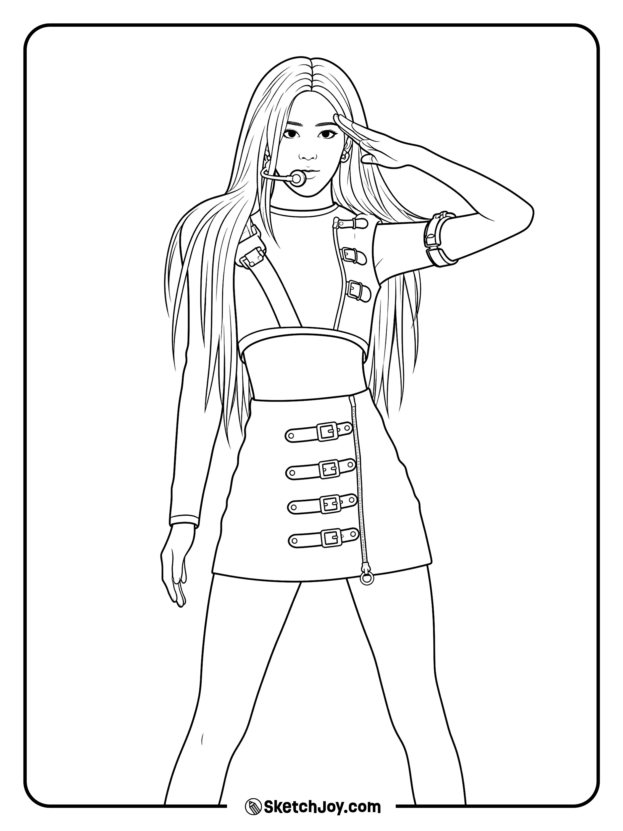 Rosé wears a headset mic and salutes in a cool stage outfit.
