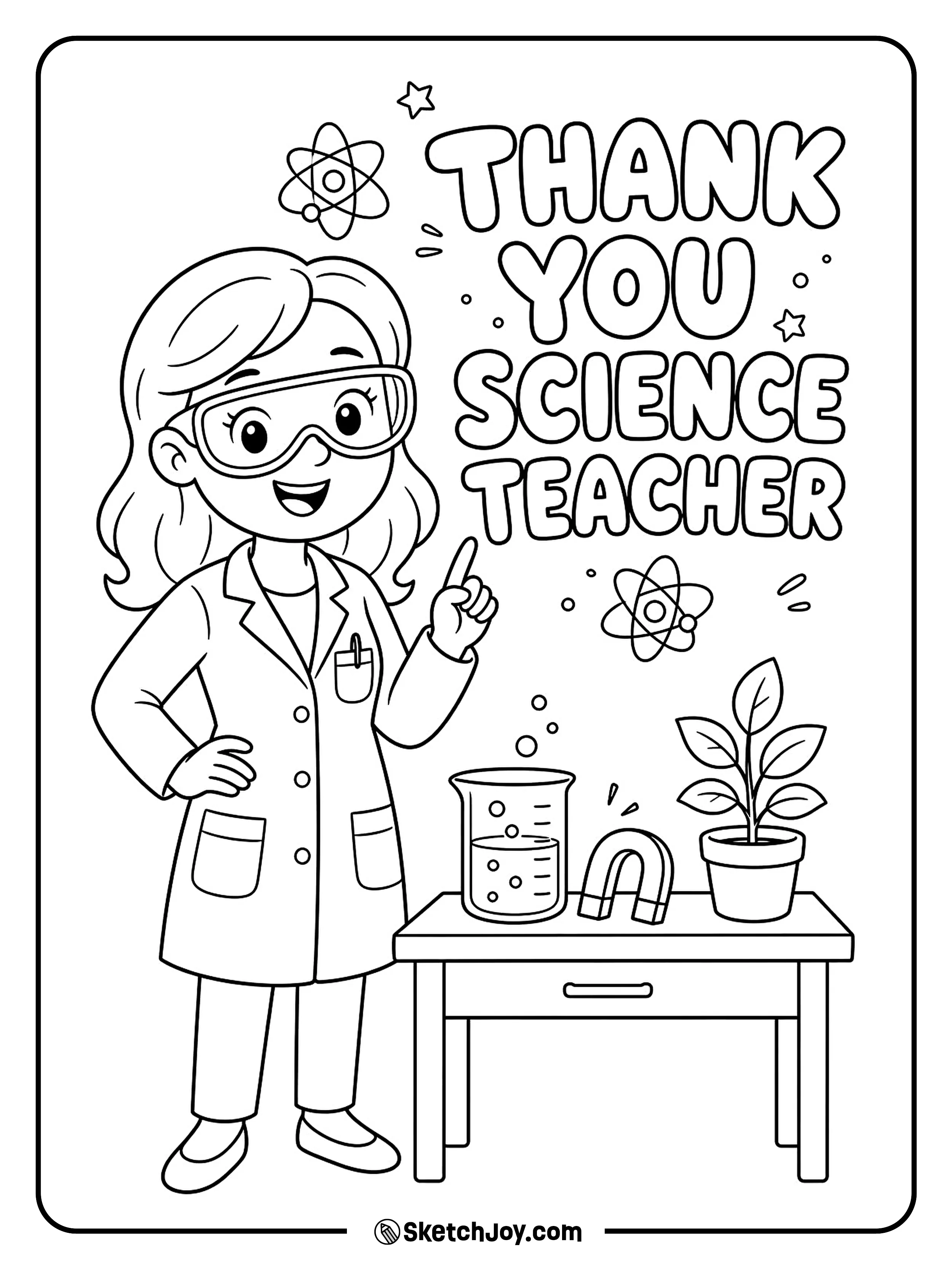 A science teacher stands by a fun lab table.