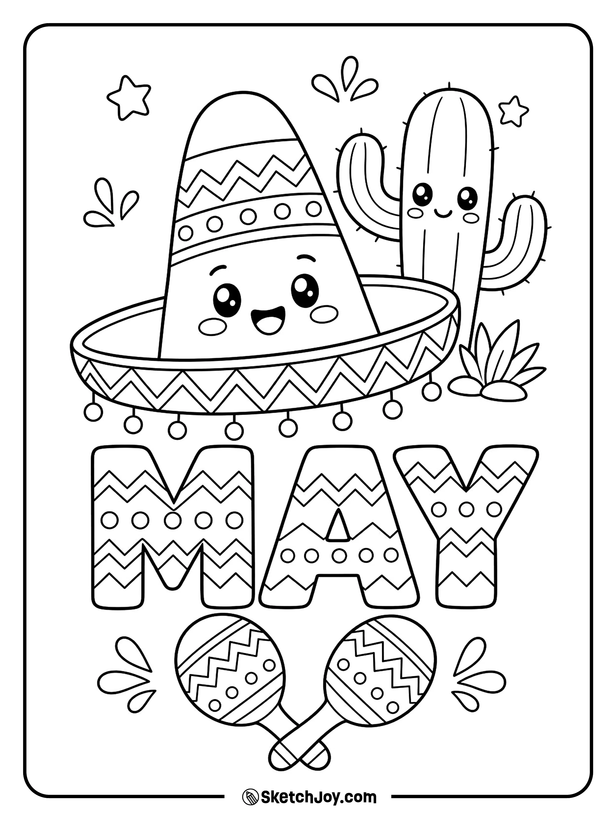 A smiling sombrero and cactus sit beside playful MAY letters.
