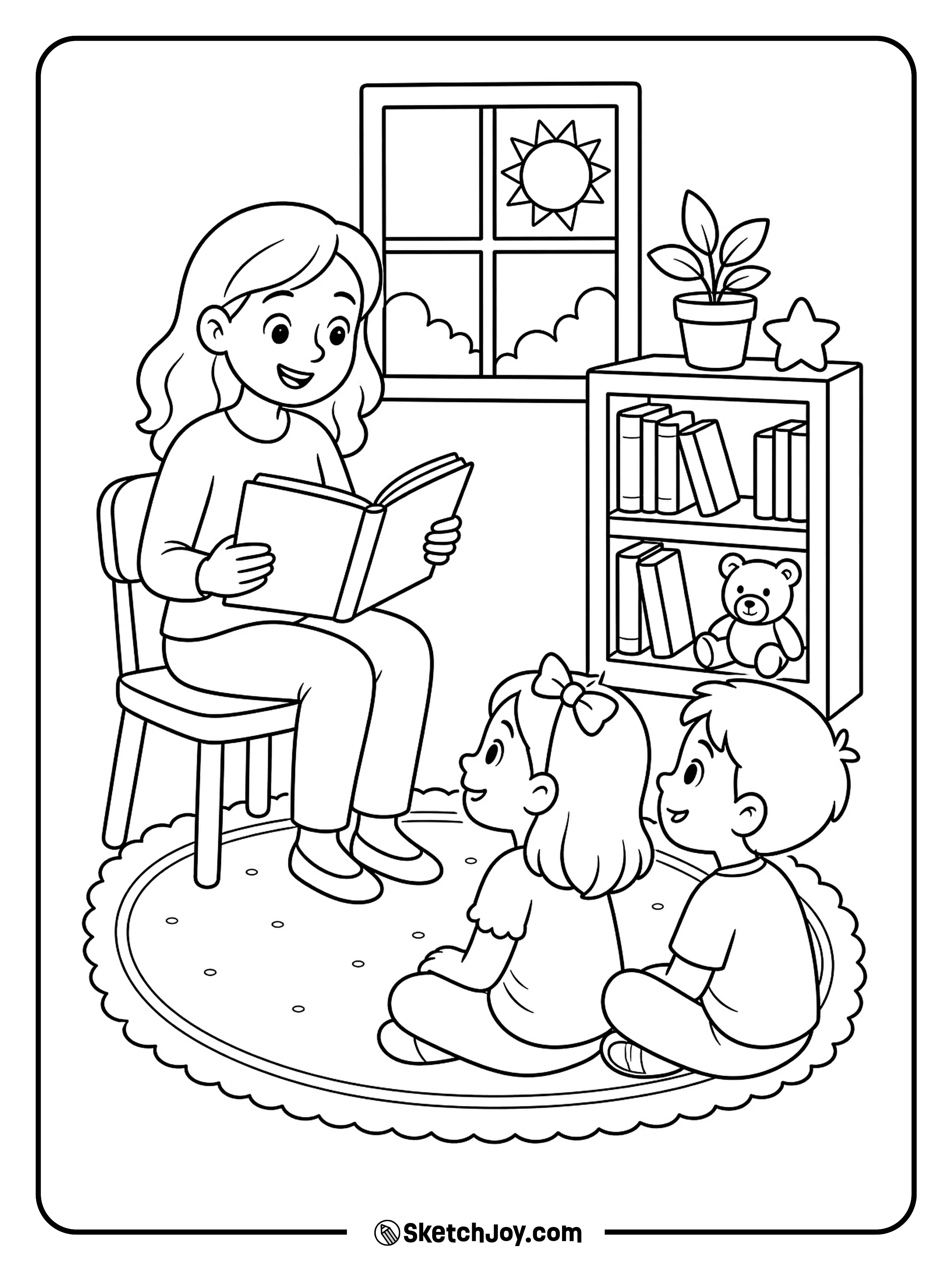 A teacher sits with an open storybook and happy students.