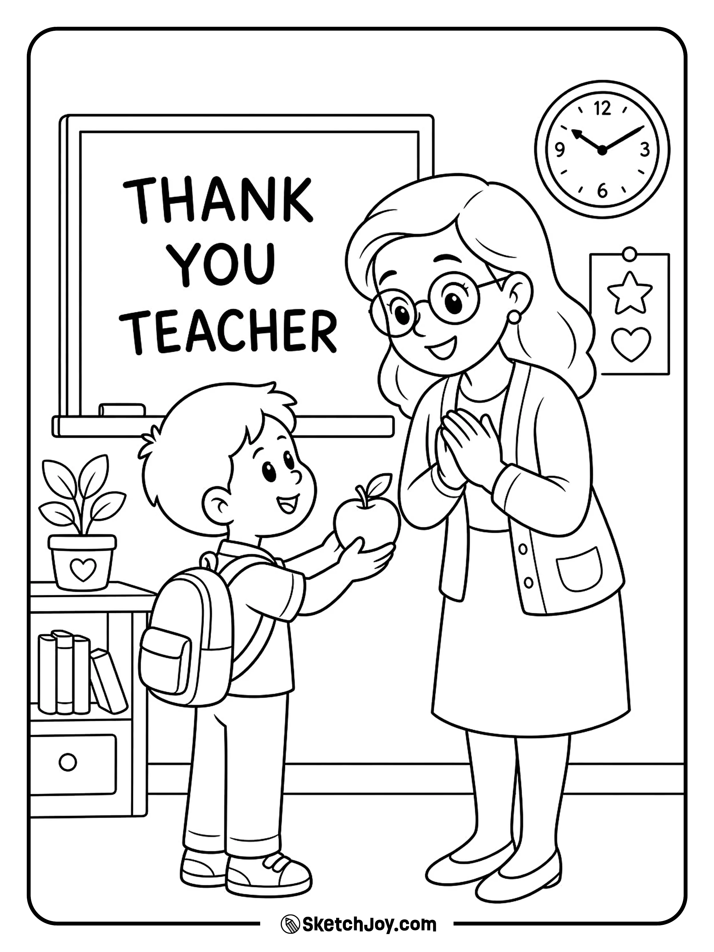 A student gives an apple to a happy teacher.