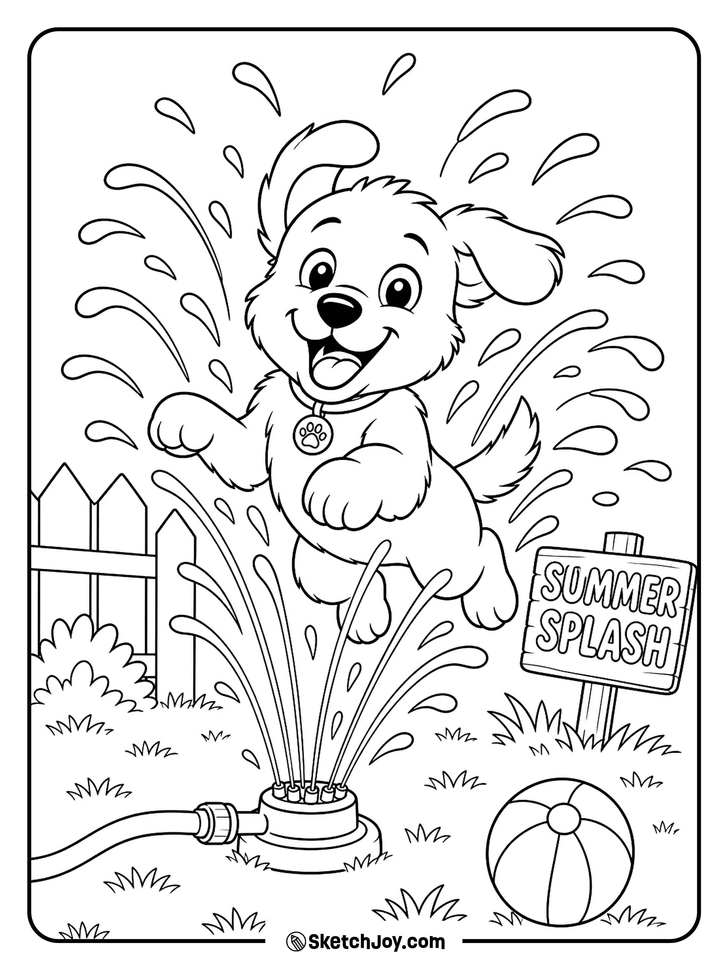 A puppy runs through a sprinkler on the grass.