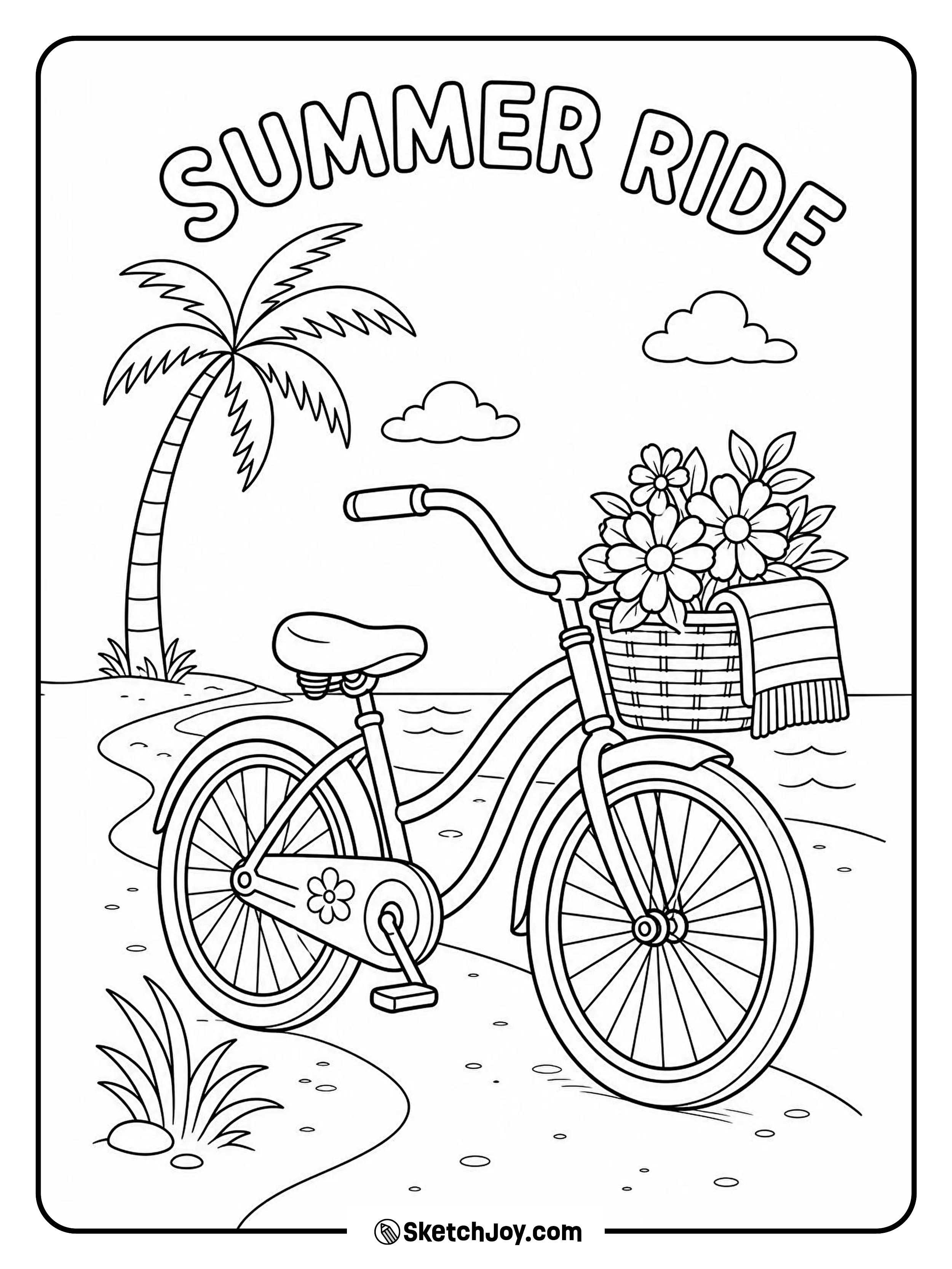 A bicycle with a basket rolls past a sunny beach path.