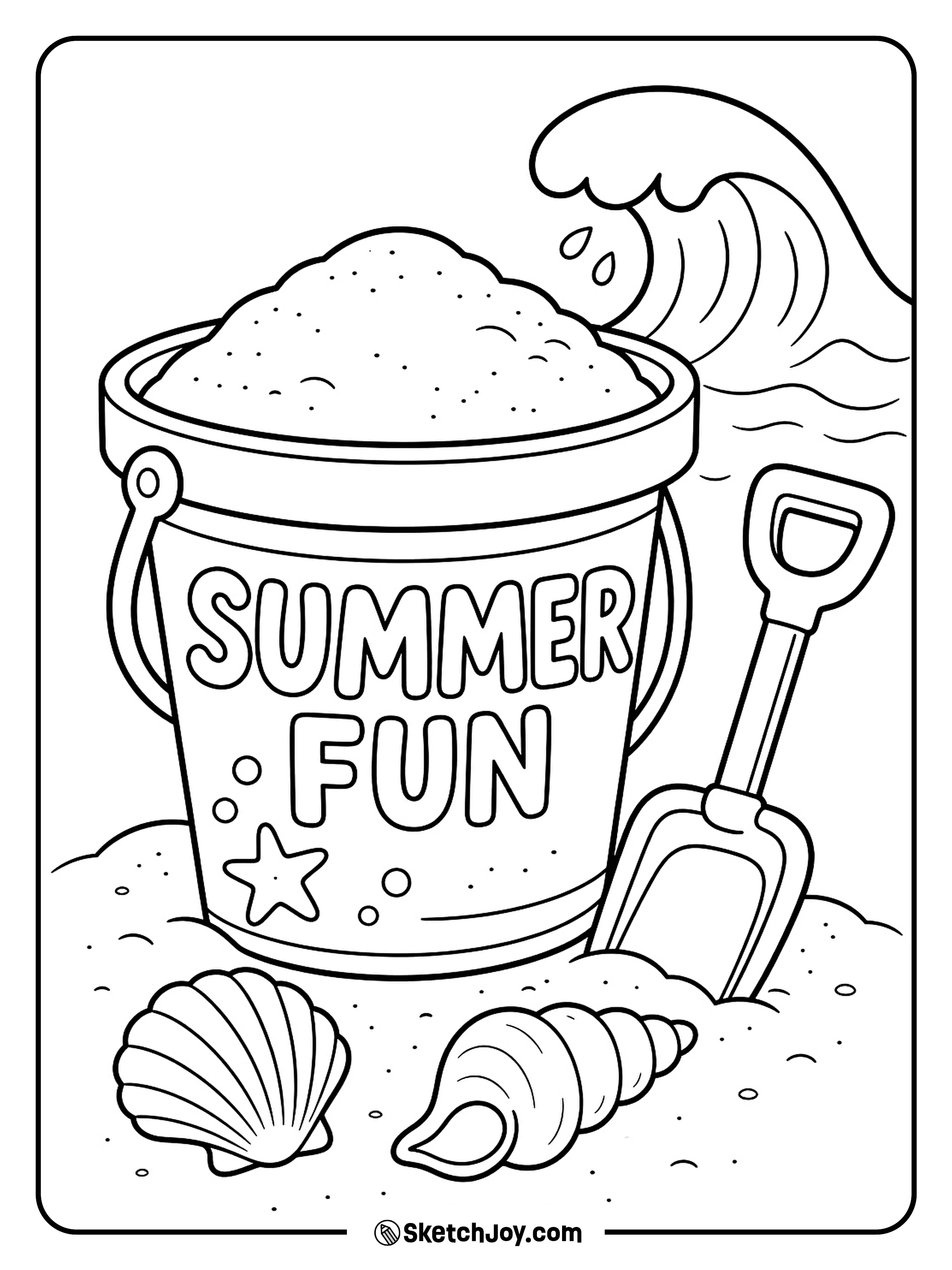 A bucket and shovel sit near shells and a small wave.