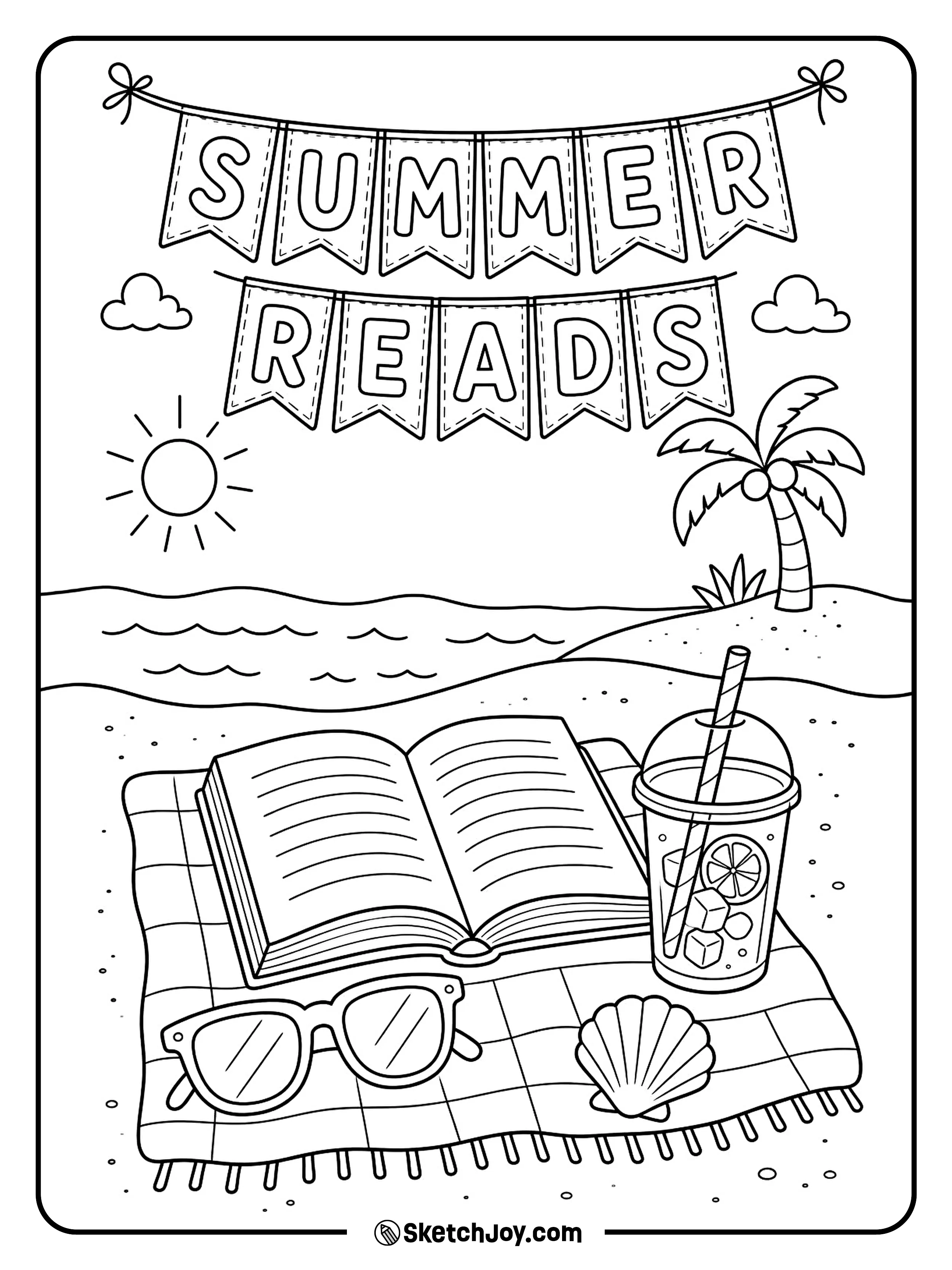 A book rests on a towel with sunglasses and a drink.