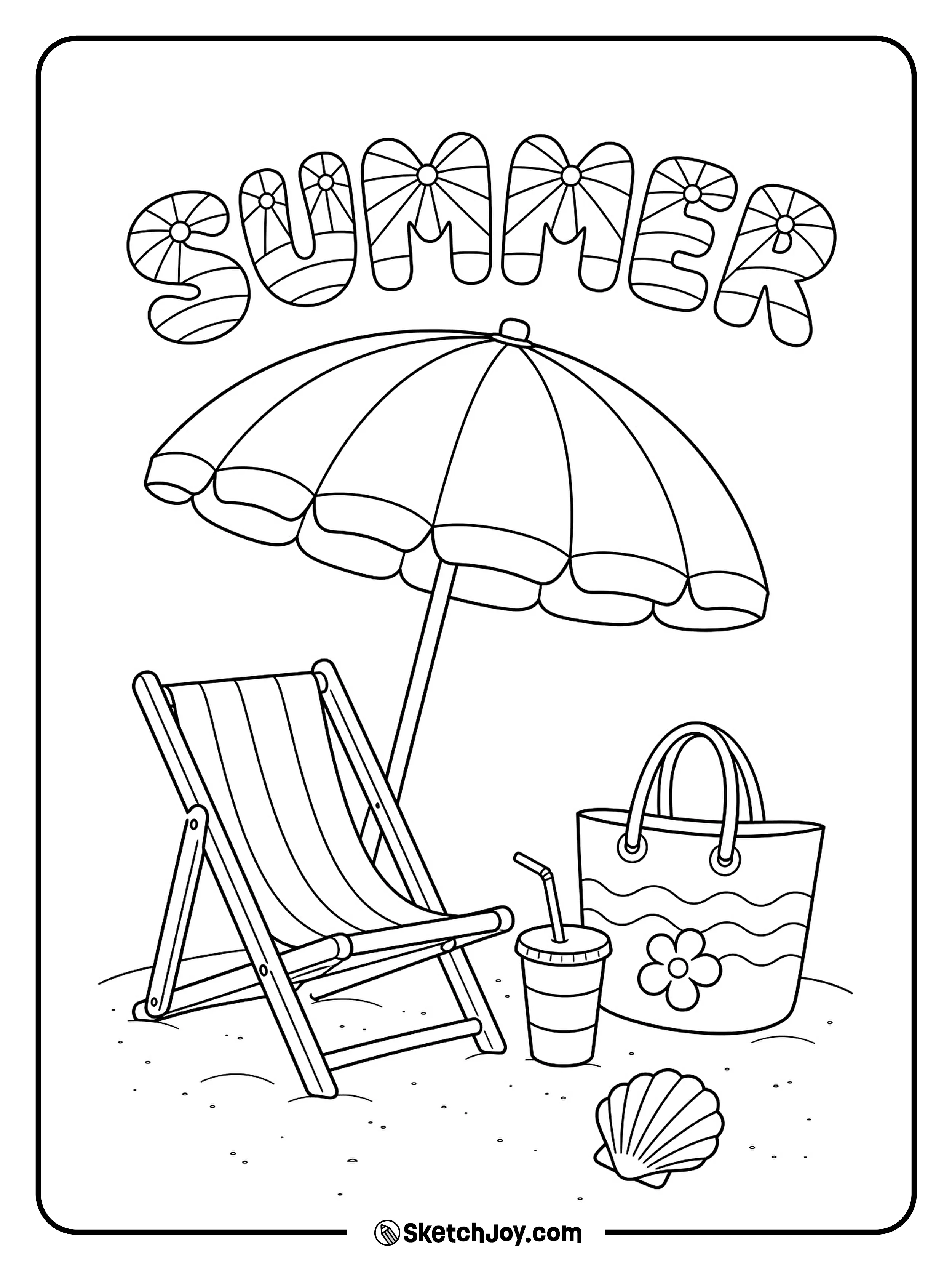 A beach umbrella shades a chair, bag, and cool drink.