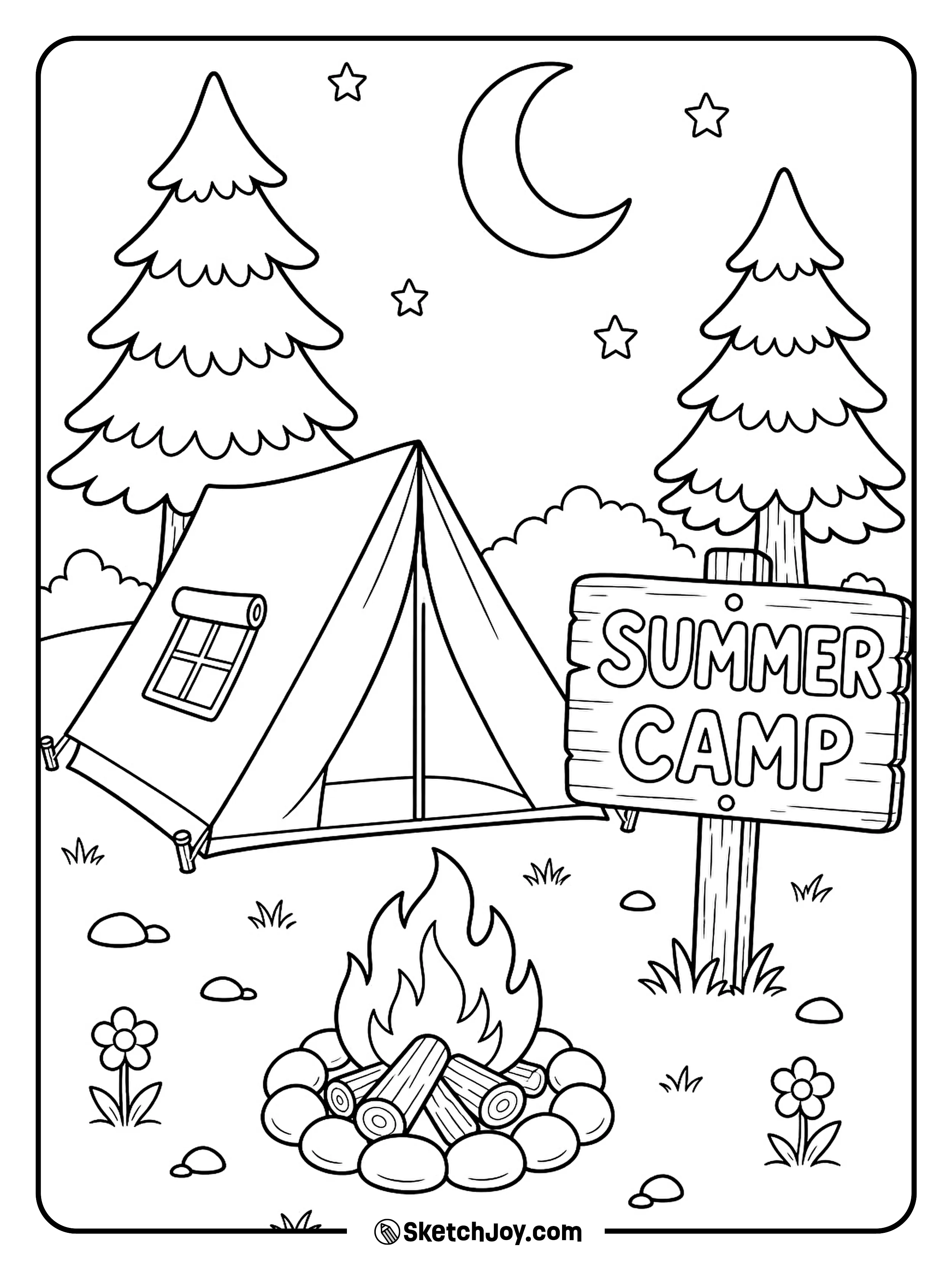 A cozy tent sits near a campfire and pine trees.