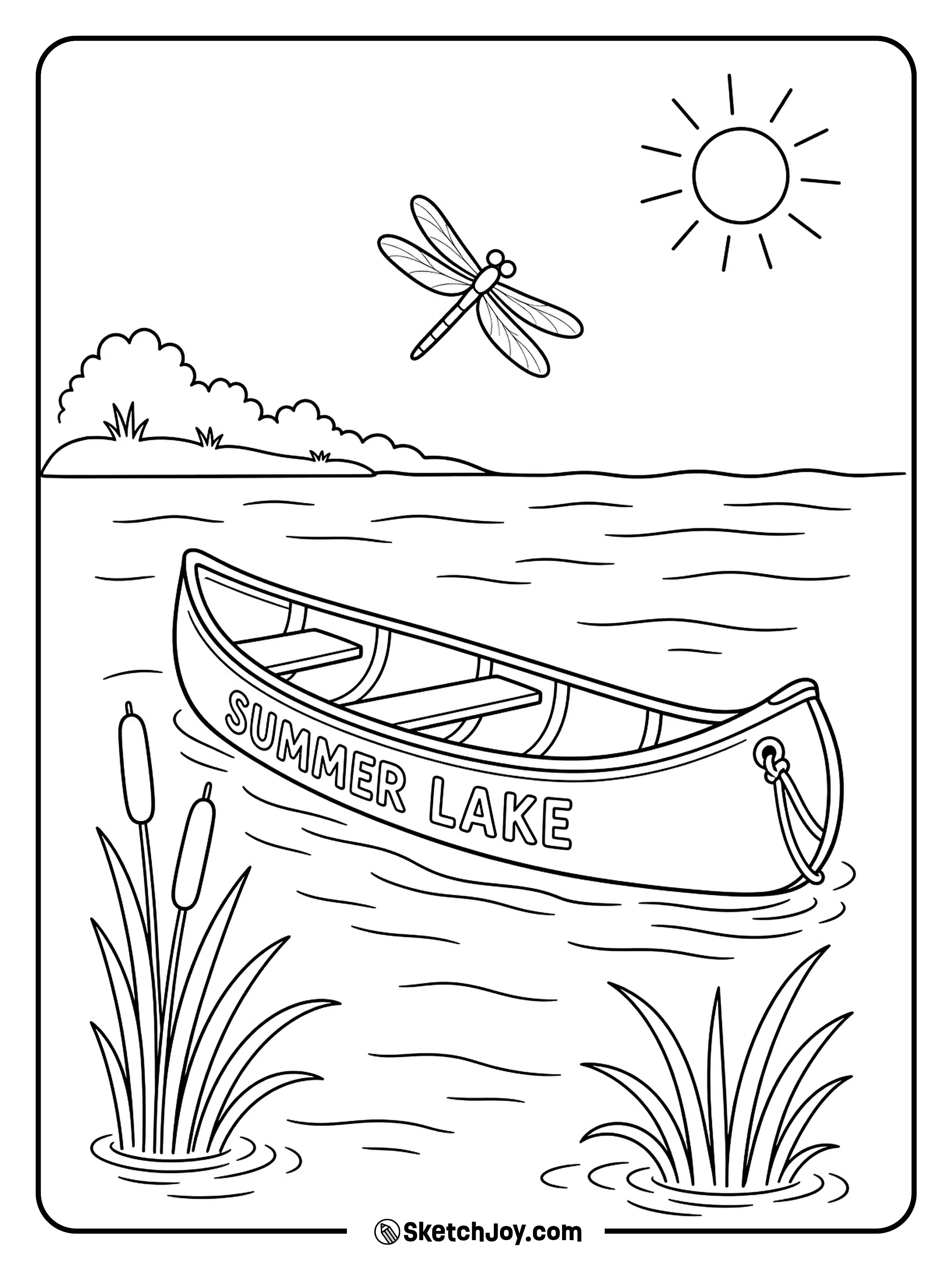 A small canoe floats on a calm lake near reeds.