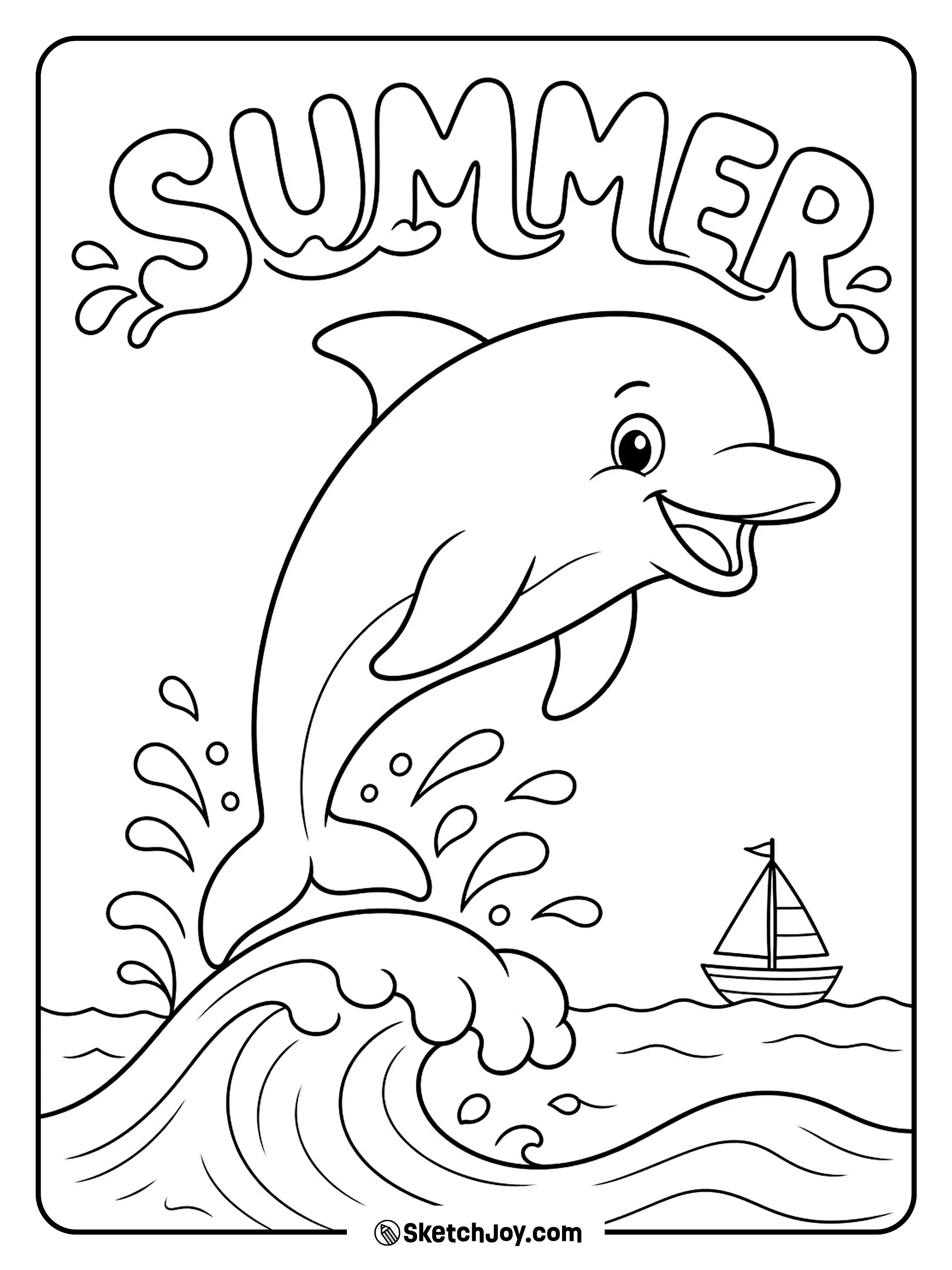 A dolphin jumps over a wave with a small sailboat far away.