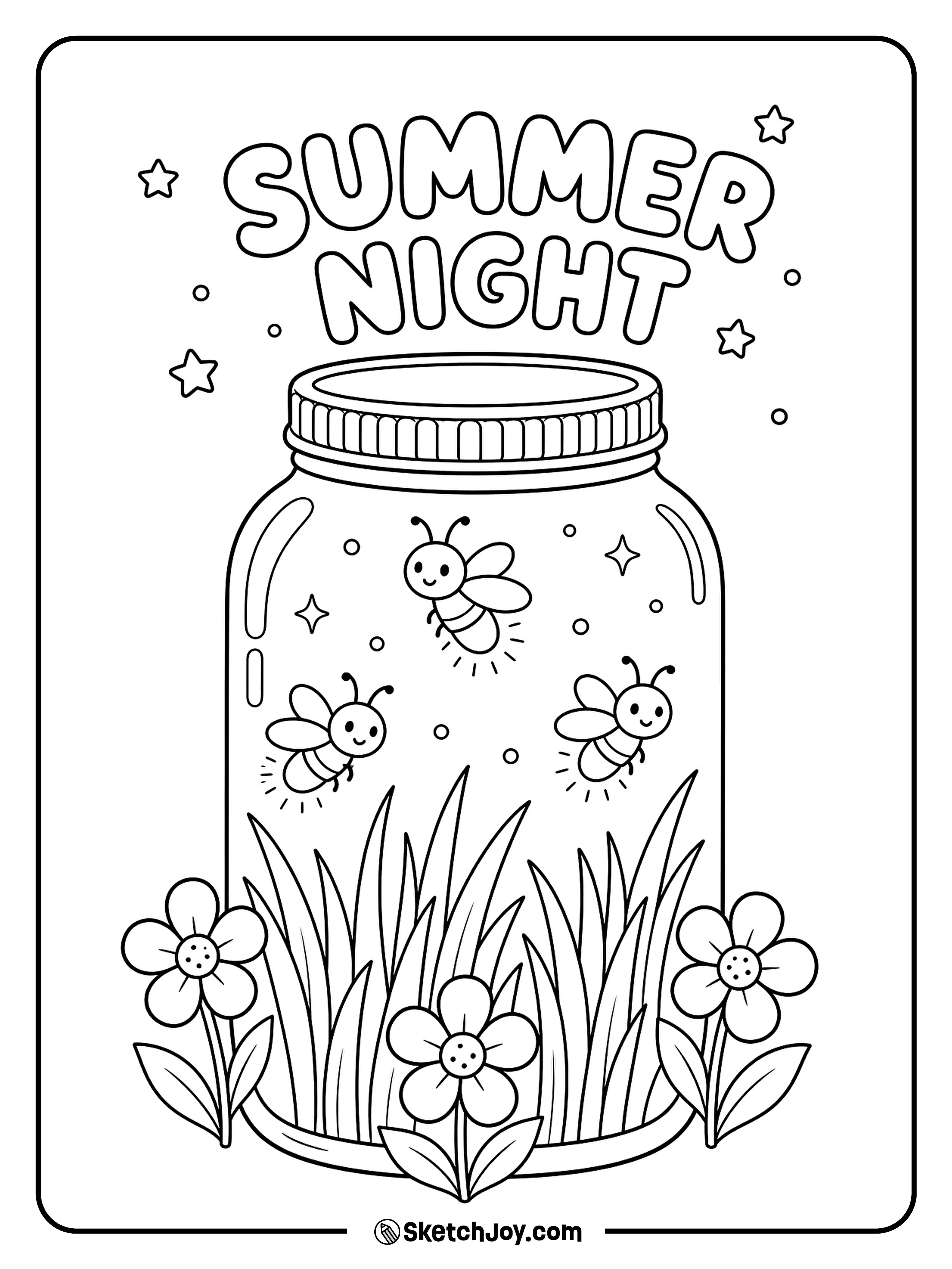 A jar of fireflies glows beside grass and flowers.