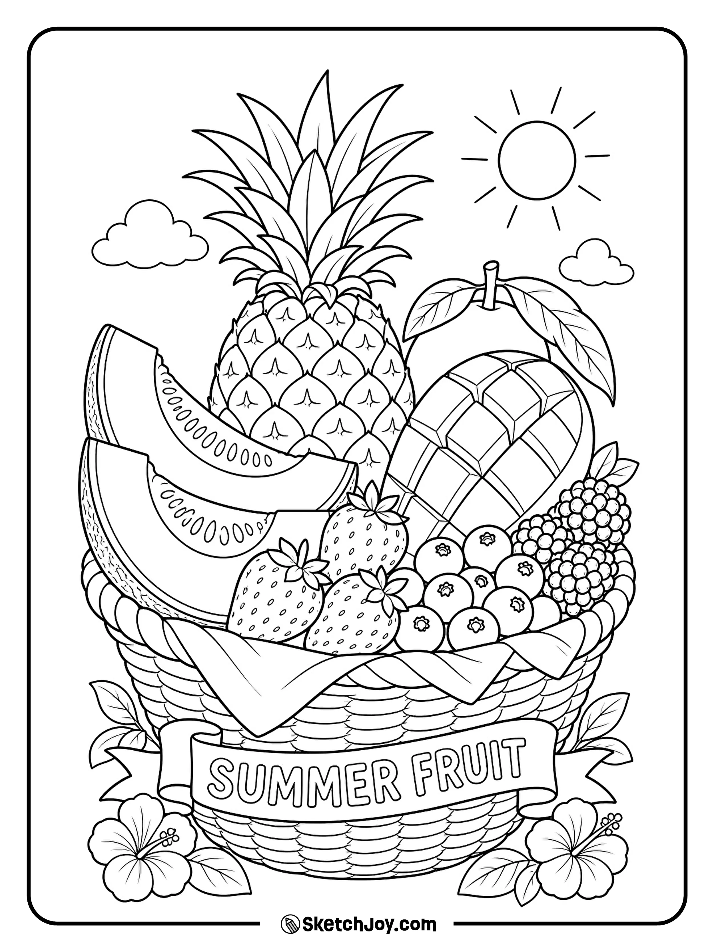 A basket holds pineapple, mango, berries, and melon.