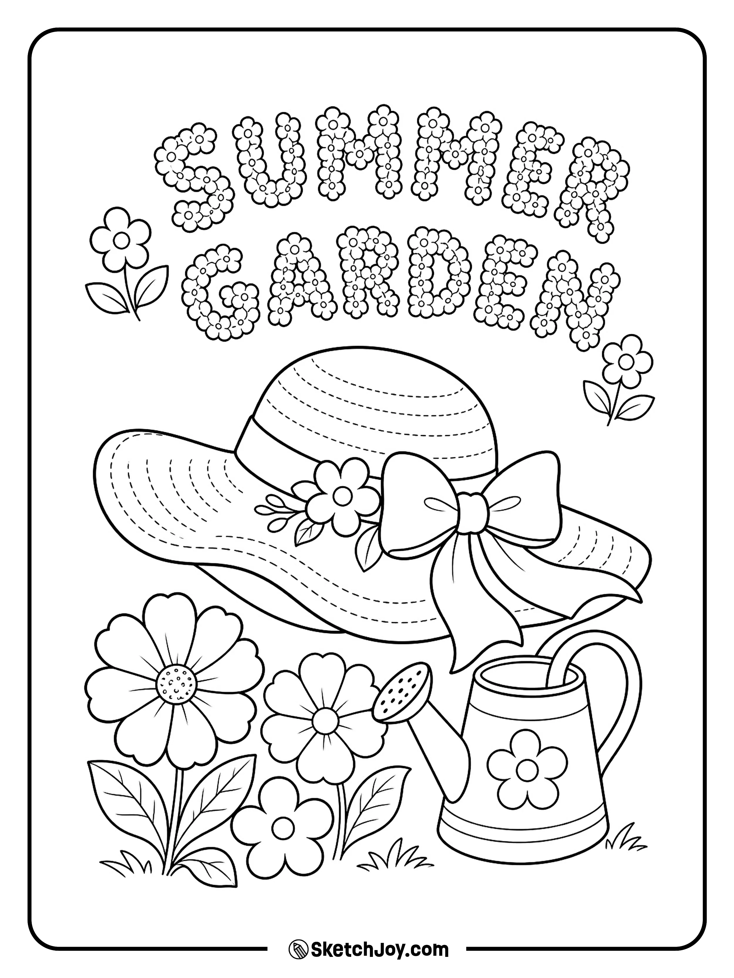 A wide sun hat rests beside flowers and a watering can.