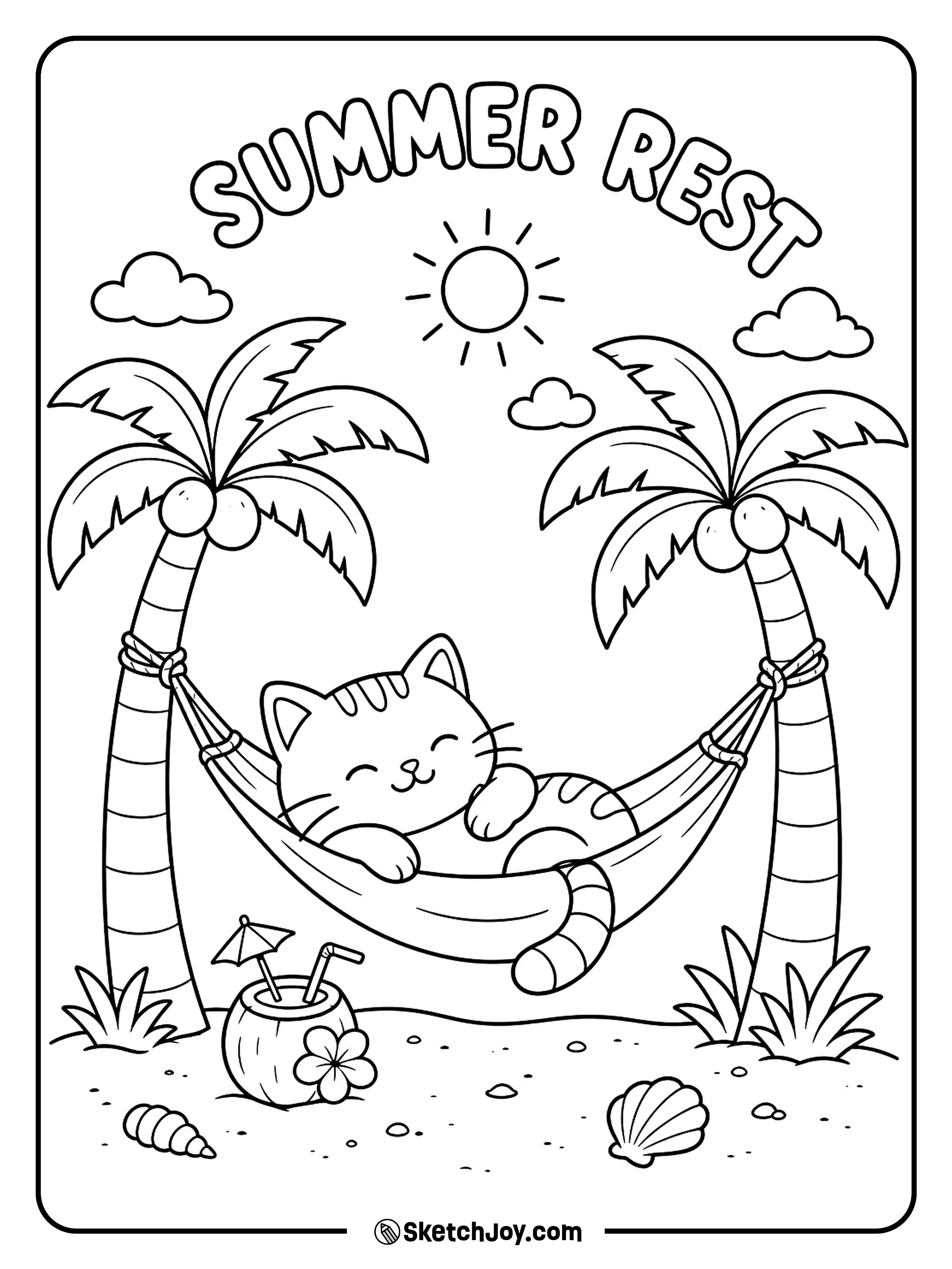 A sleepy cat rests in a hammock between two palm trees.