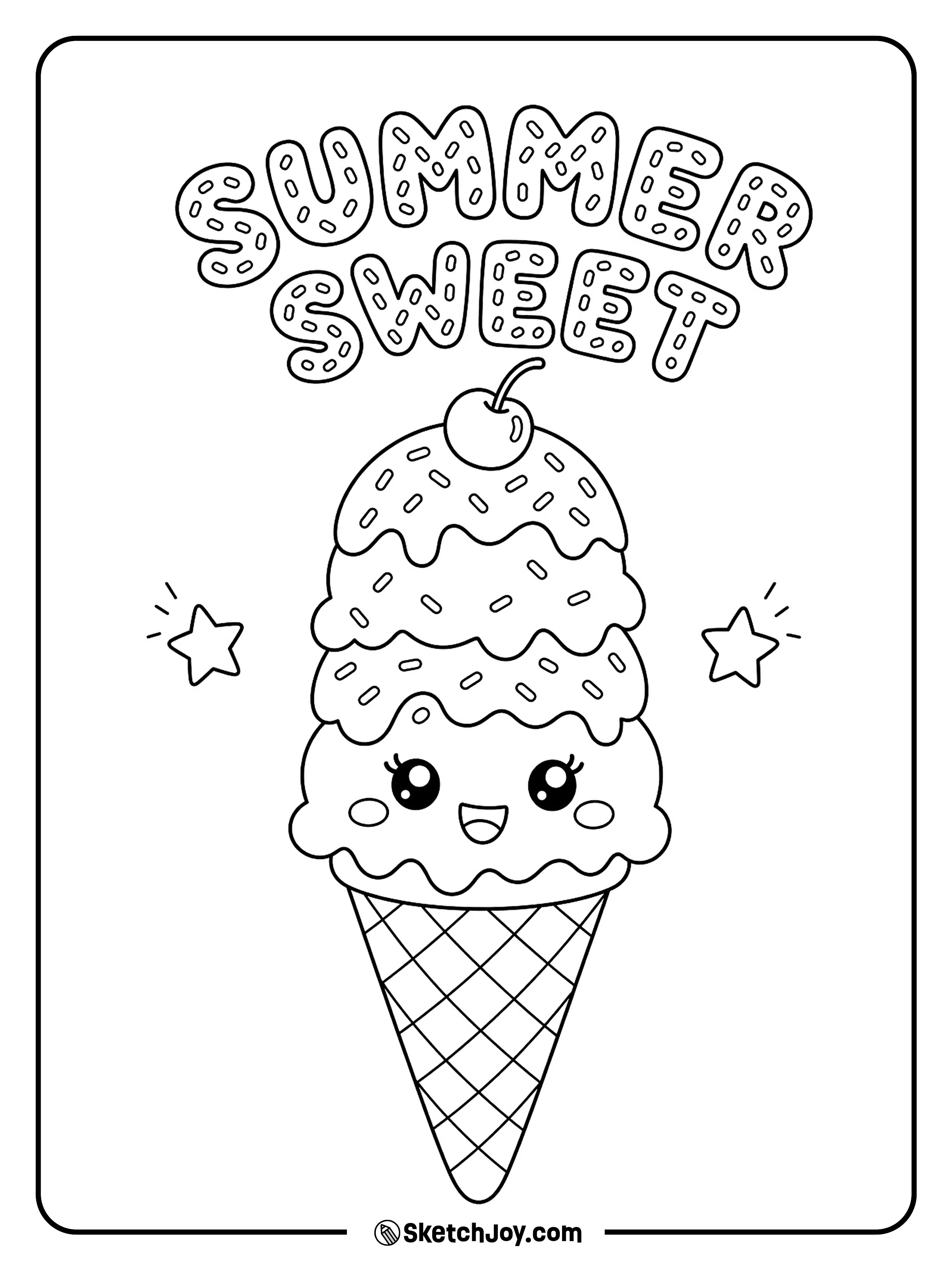 A tall ice cream cone has sprinkles and a happy face.