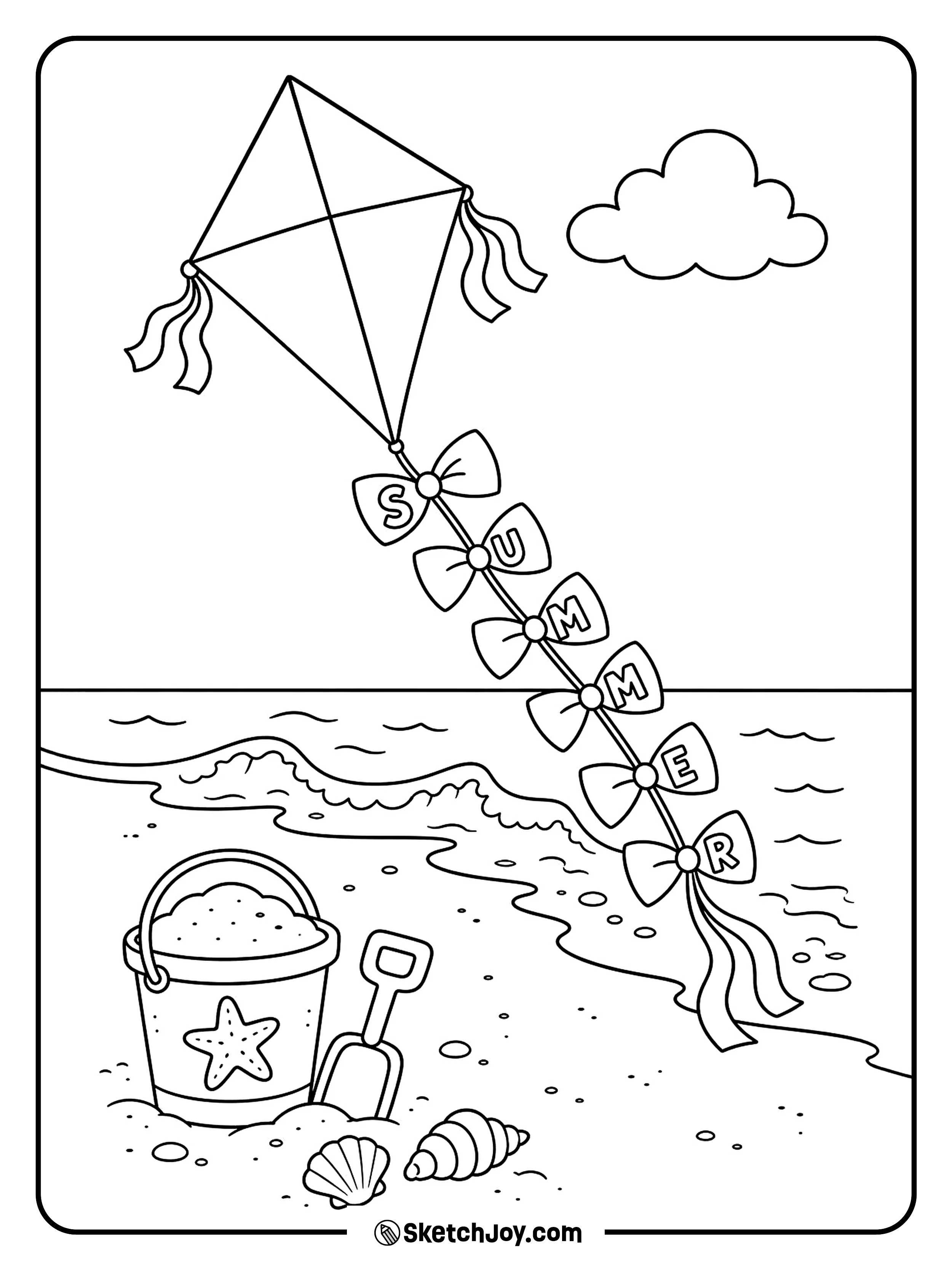 A kite flies above a calm beach and small waves.