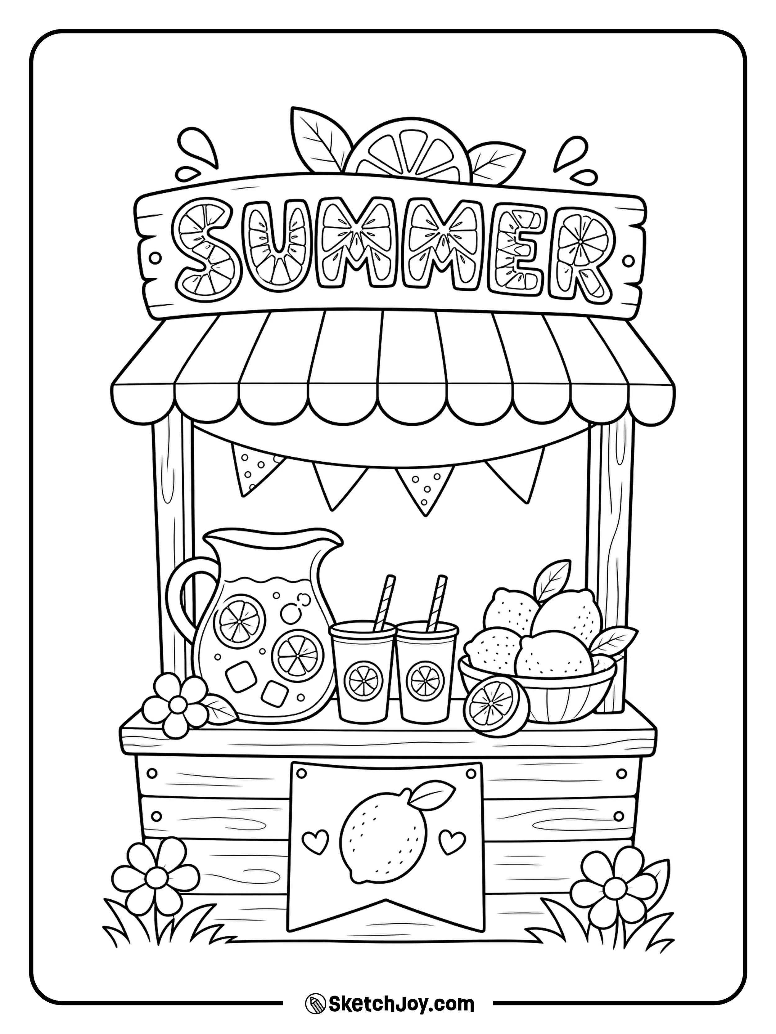 A small lemonade stand has cups, lemons, and a sunny sign.