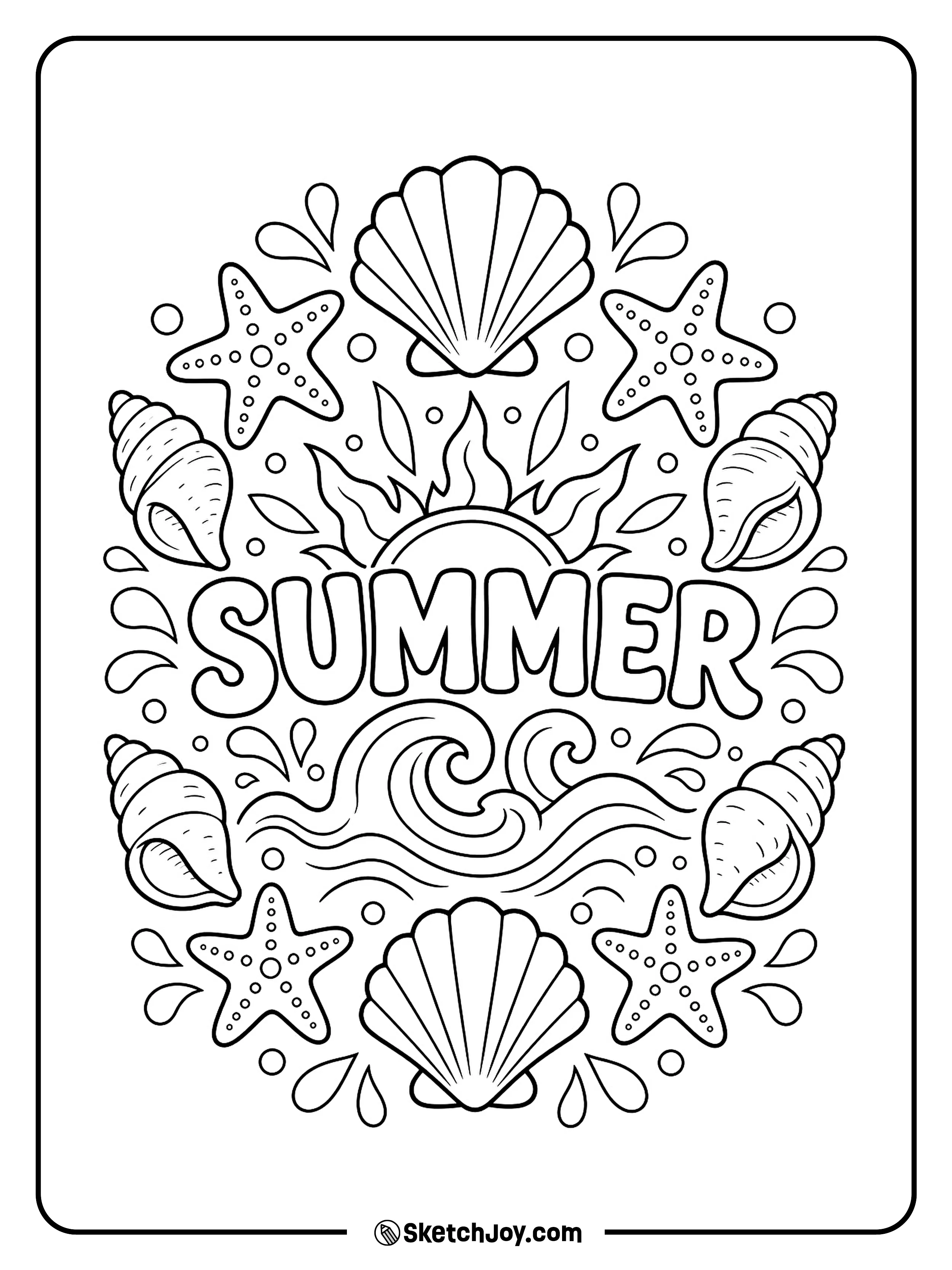 Shells, waves, and sun shapes form a clean round design.