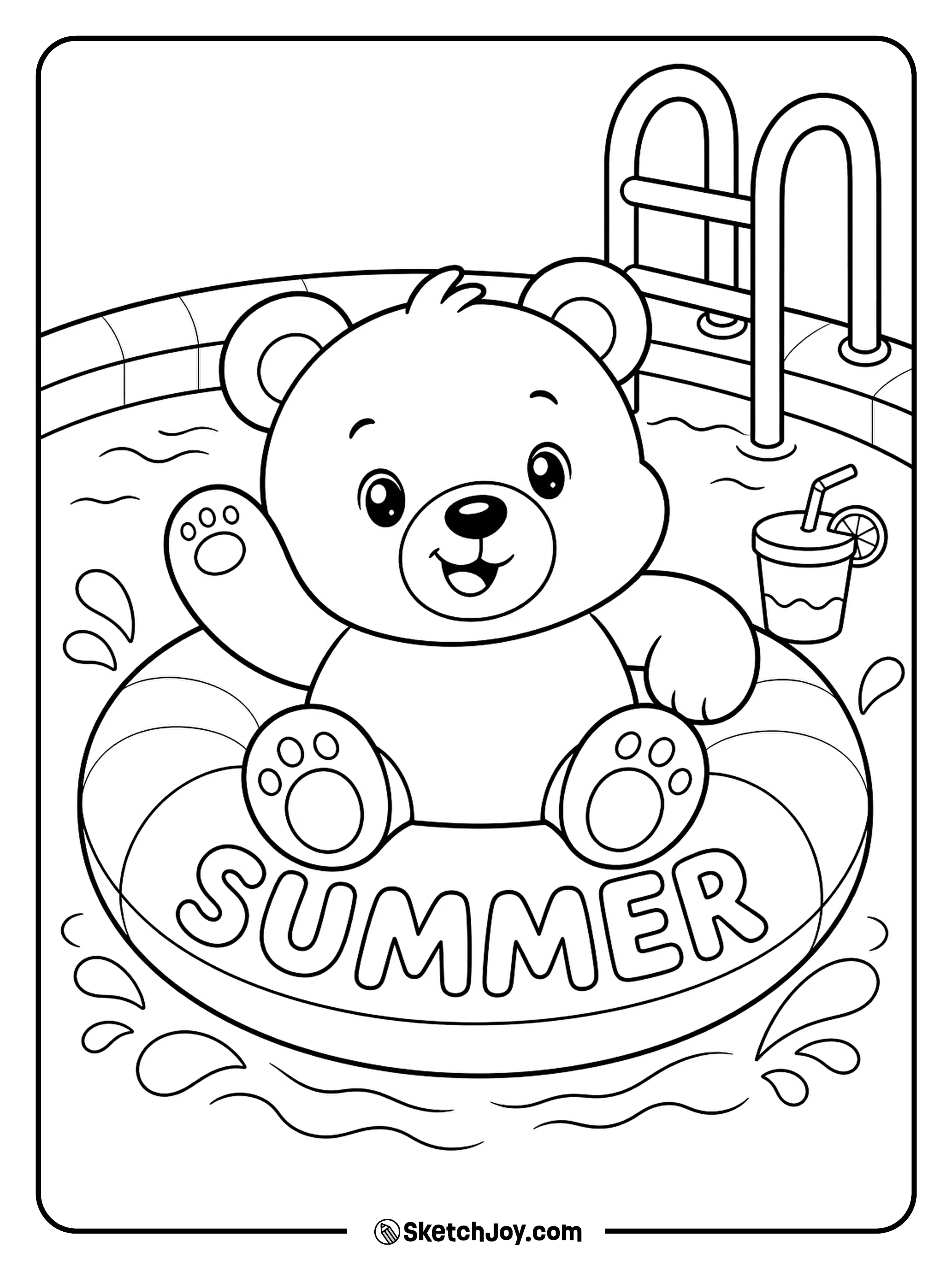 A sweet bear floats in a round pool tube.