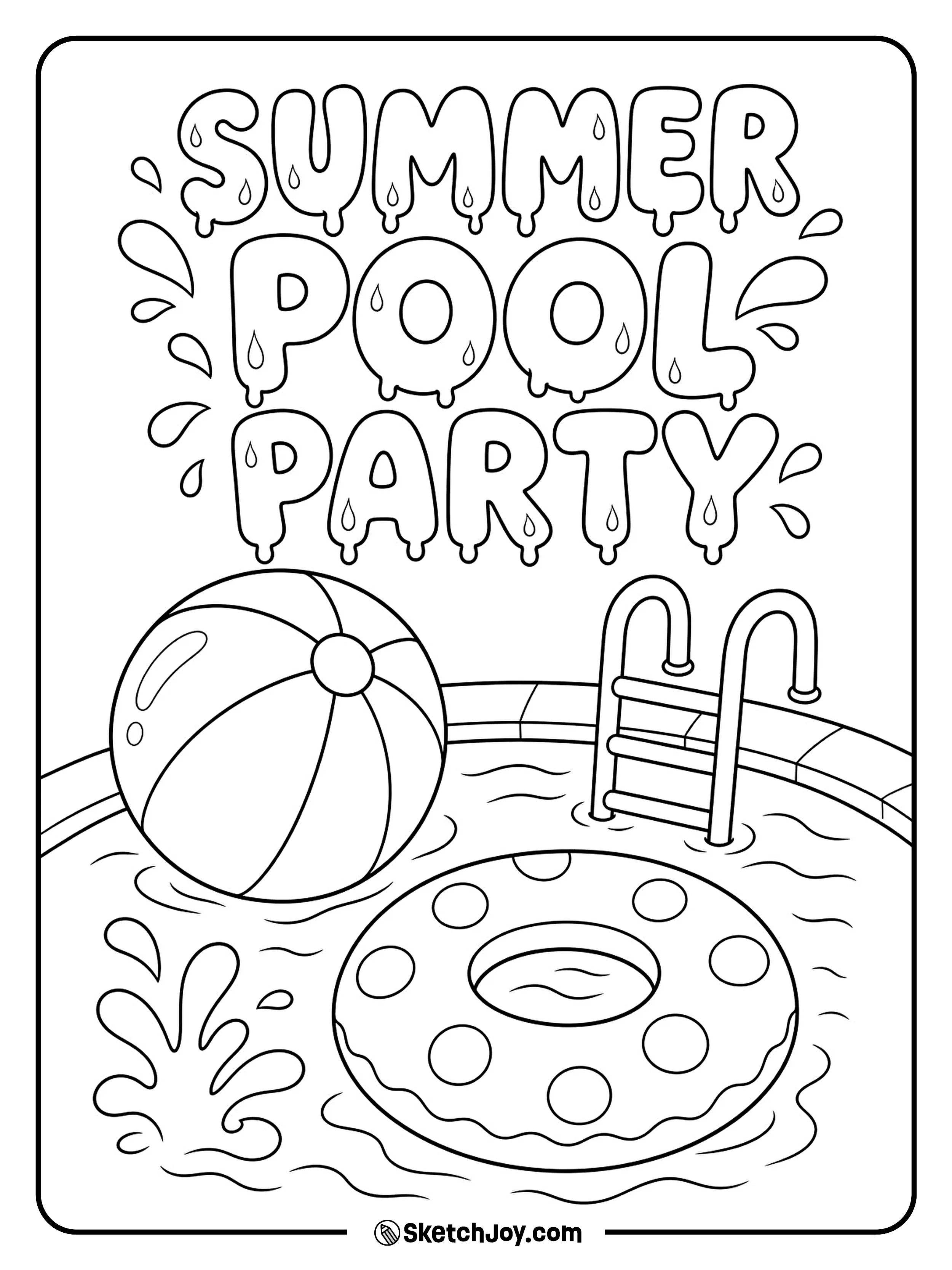 A beach ball, float, and splash shapes fill a fun pool scene.