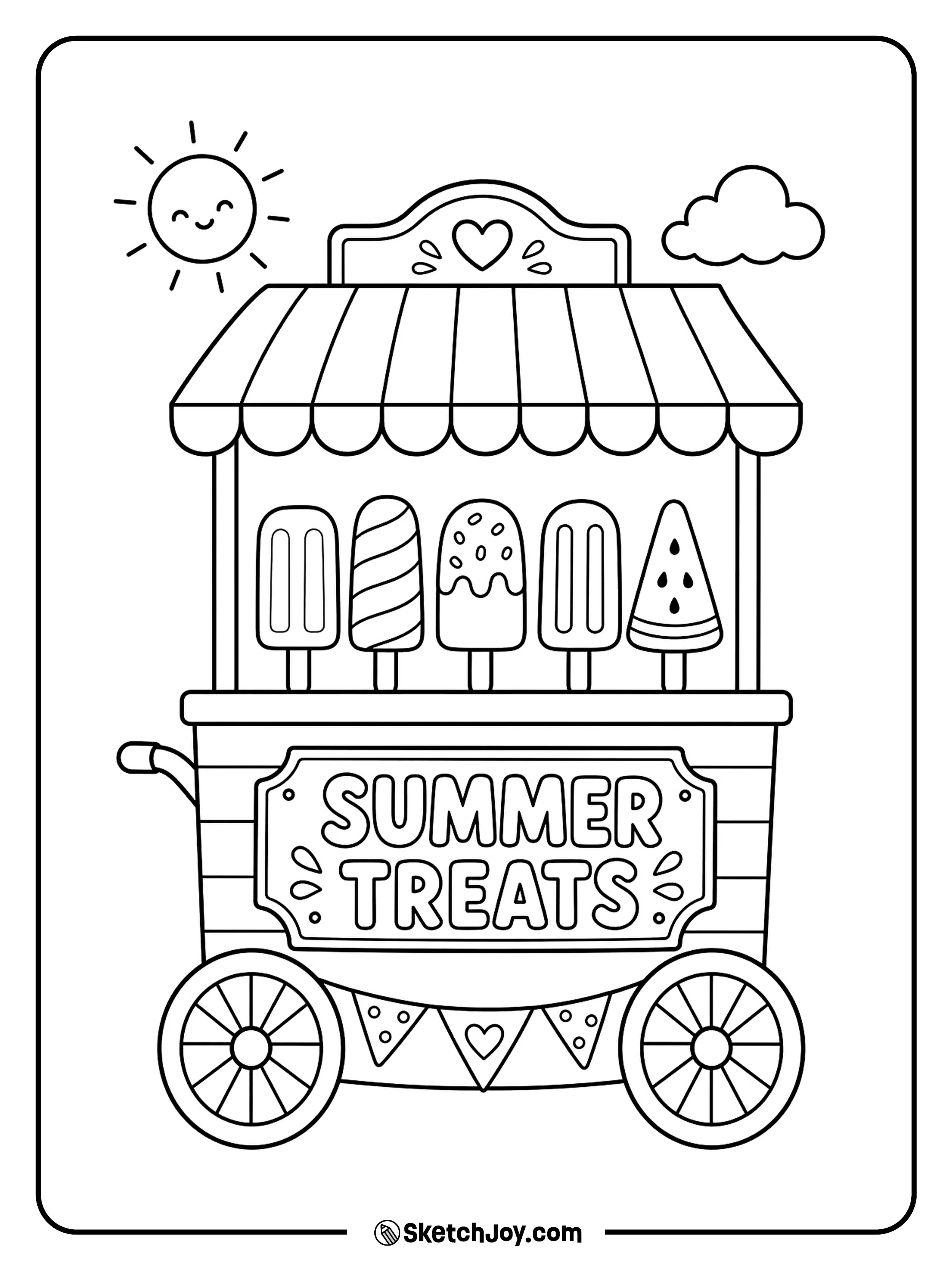 A small cart holds popsicles under a striped shade.