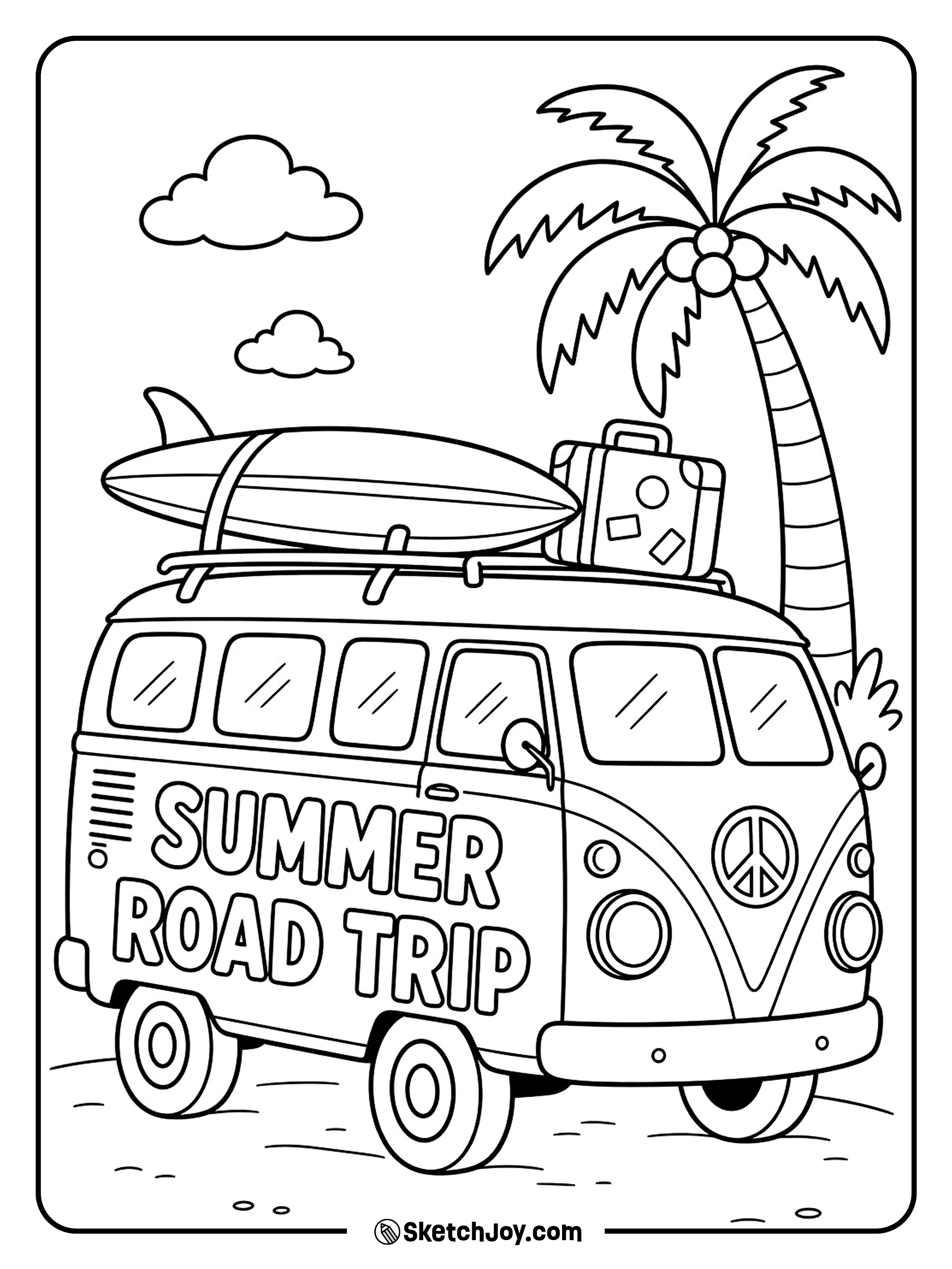 A camper van carries surfboards toward the beach.