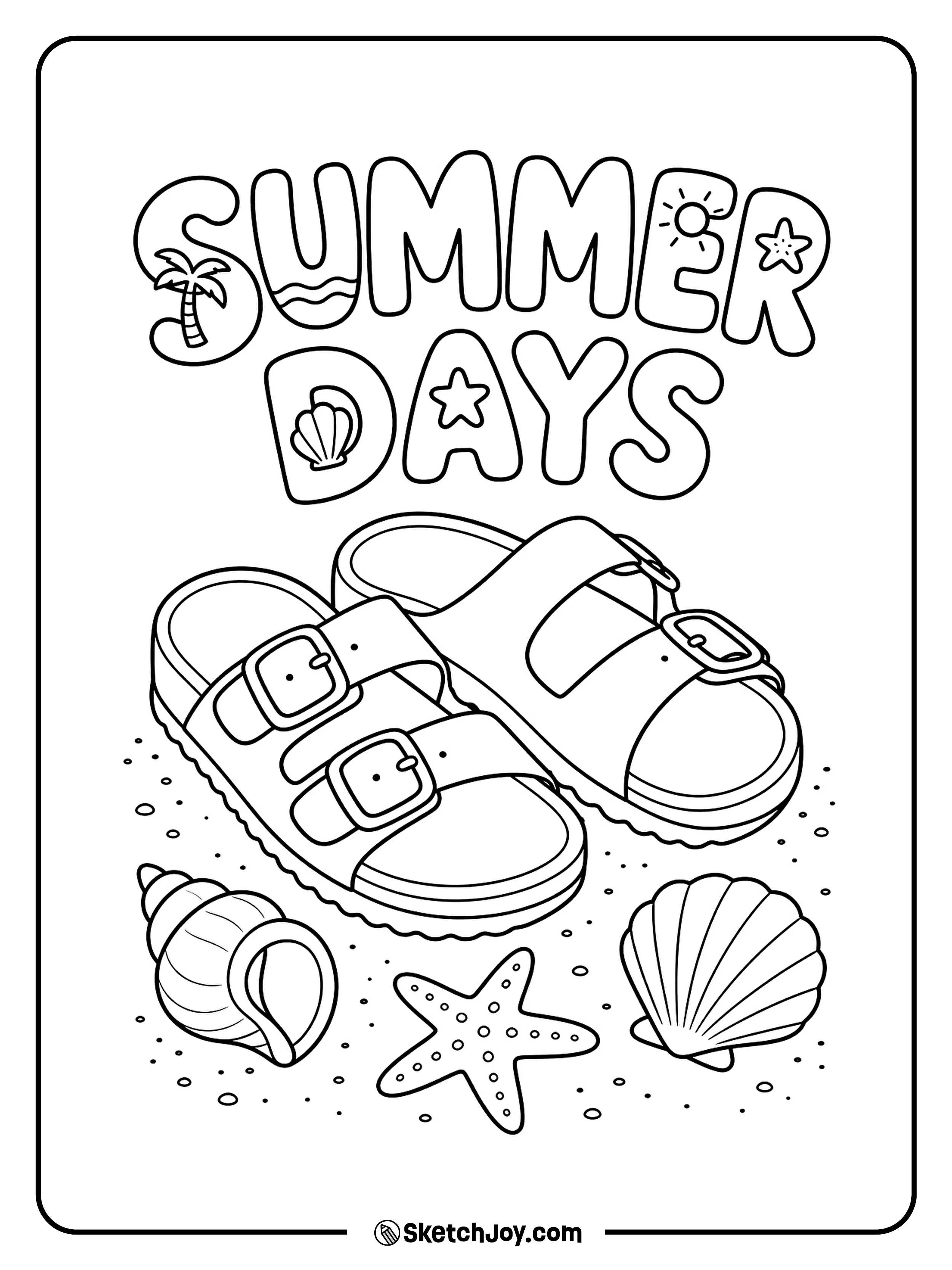 Summer sandals sit beside shells and a tiny starfish.