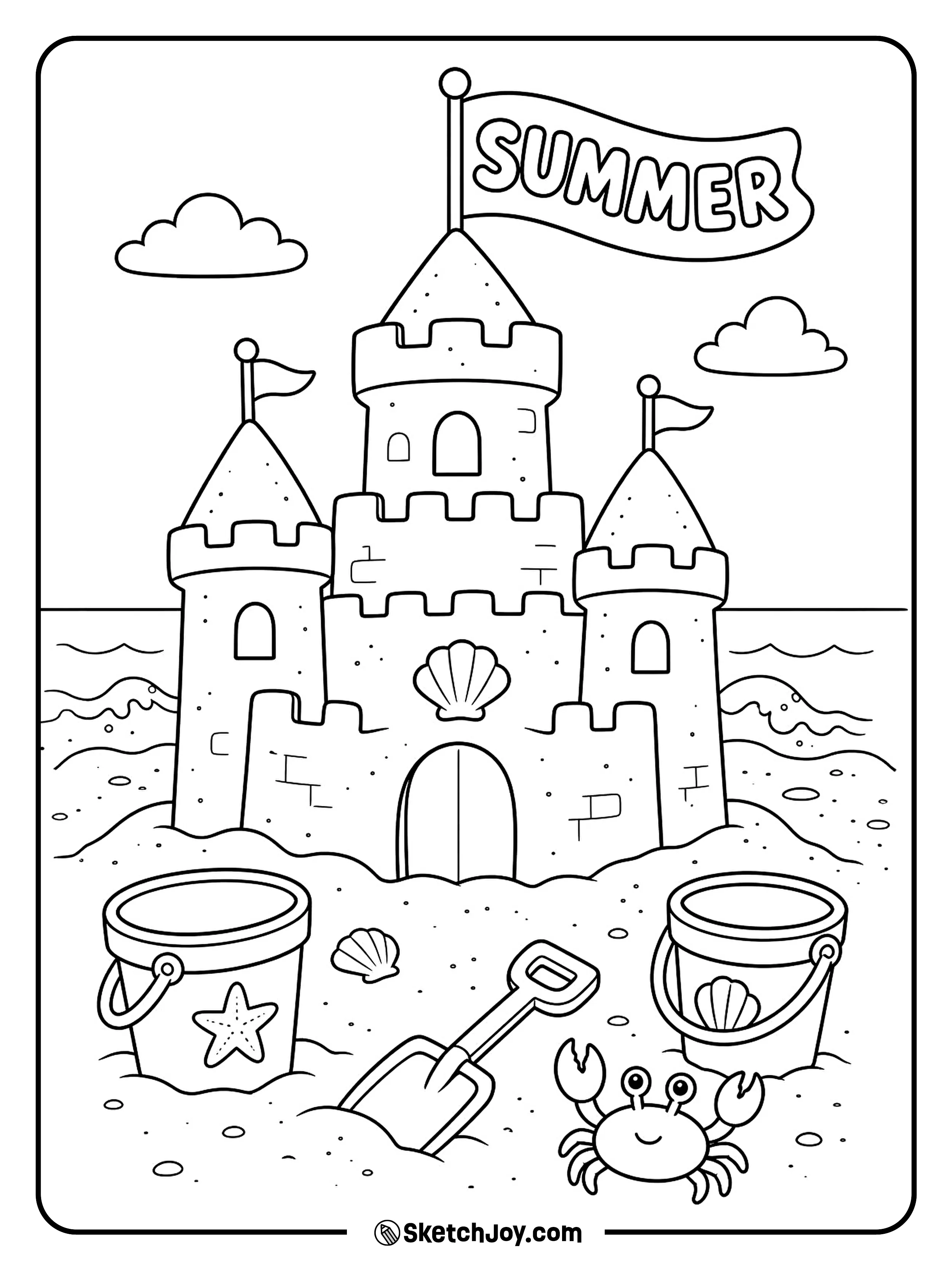 A tall sandcastle stands by the shore with a tiny crab nearby.