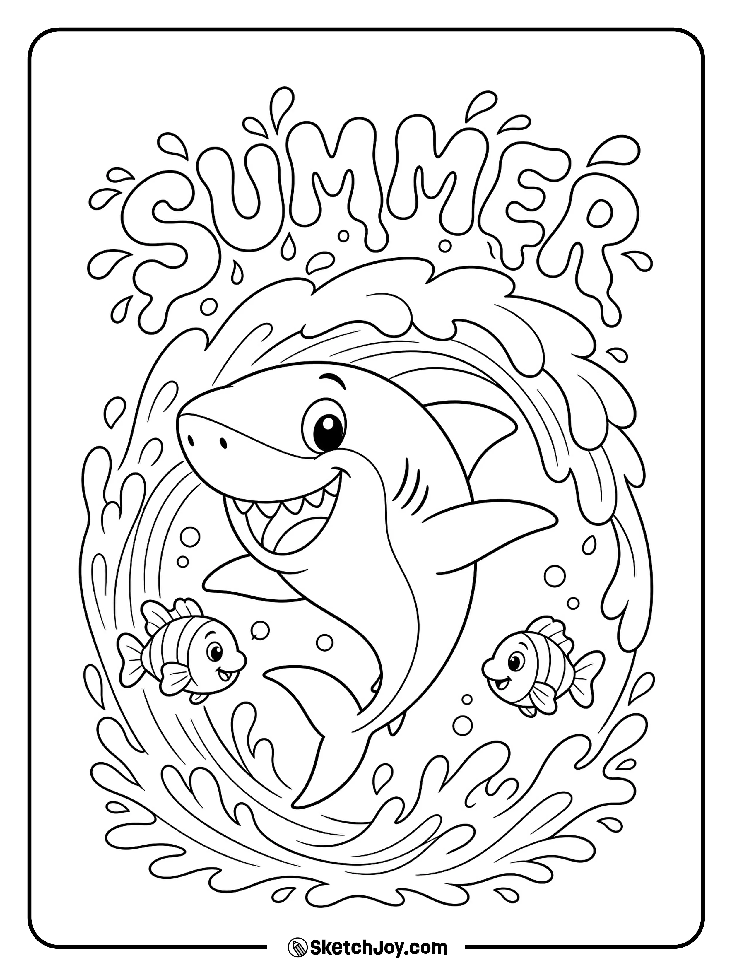 A cheerful shark jumps through a round wave.