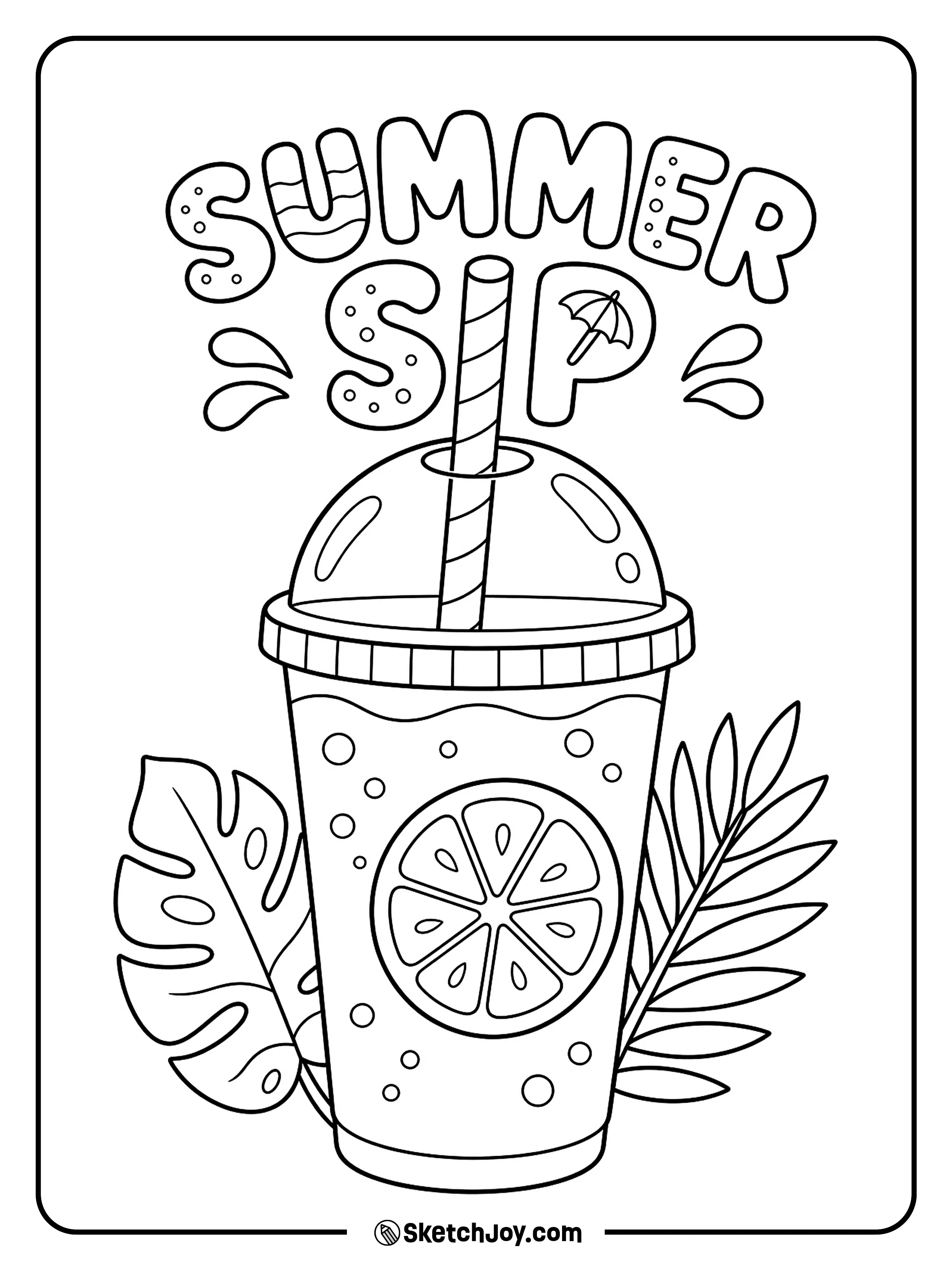 A fruity smoothie cup has a straw, orange slice, and leaves.