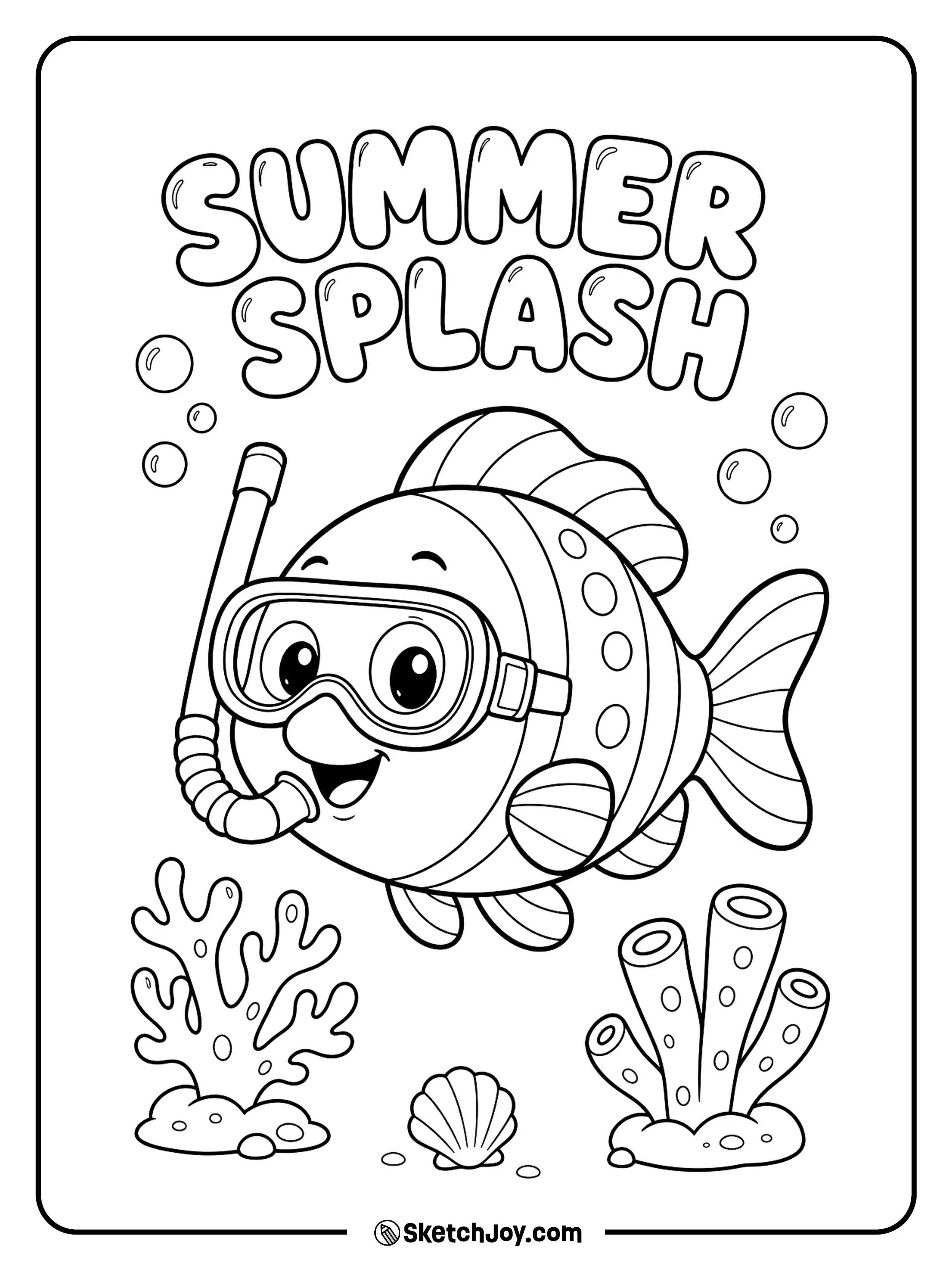 A cute fish wears a snorkel mask near bubbles.