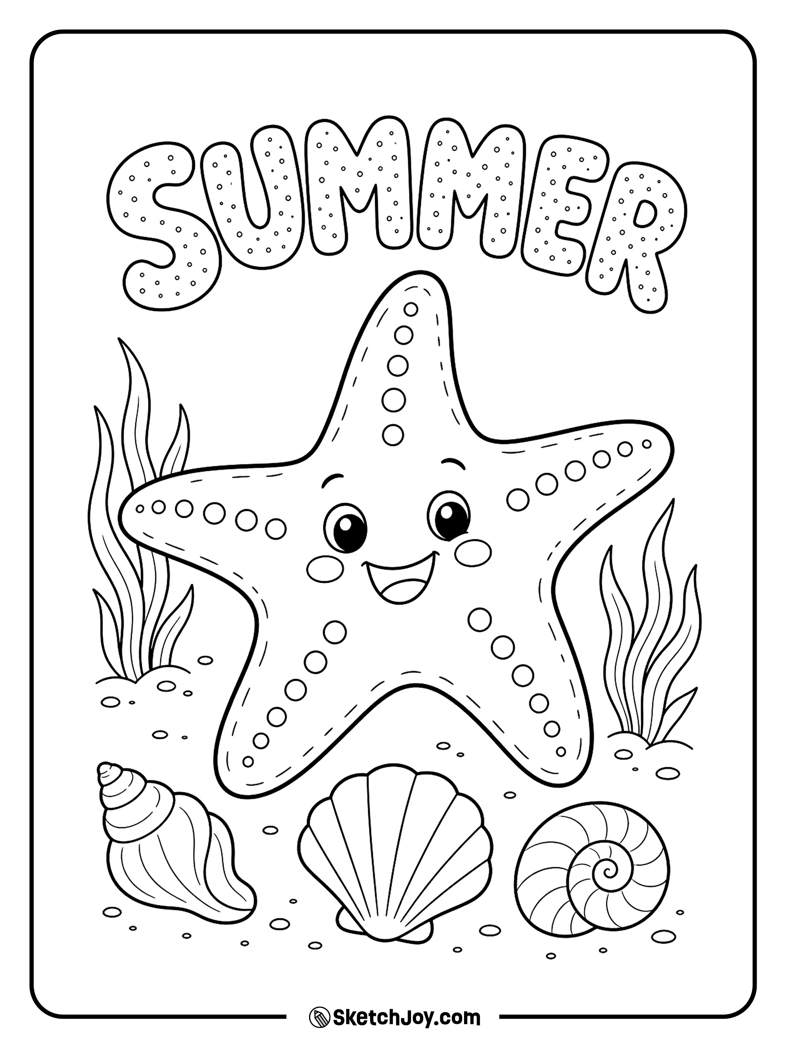 A smiling starfish rests near shells and sea grass.