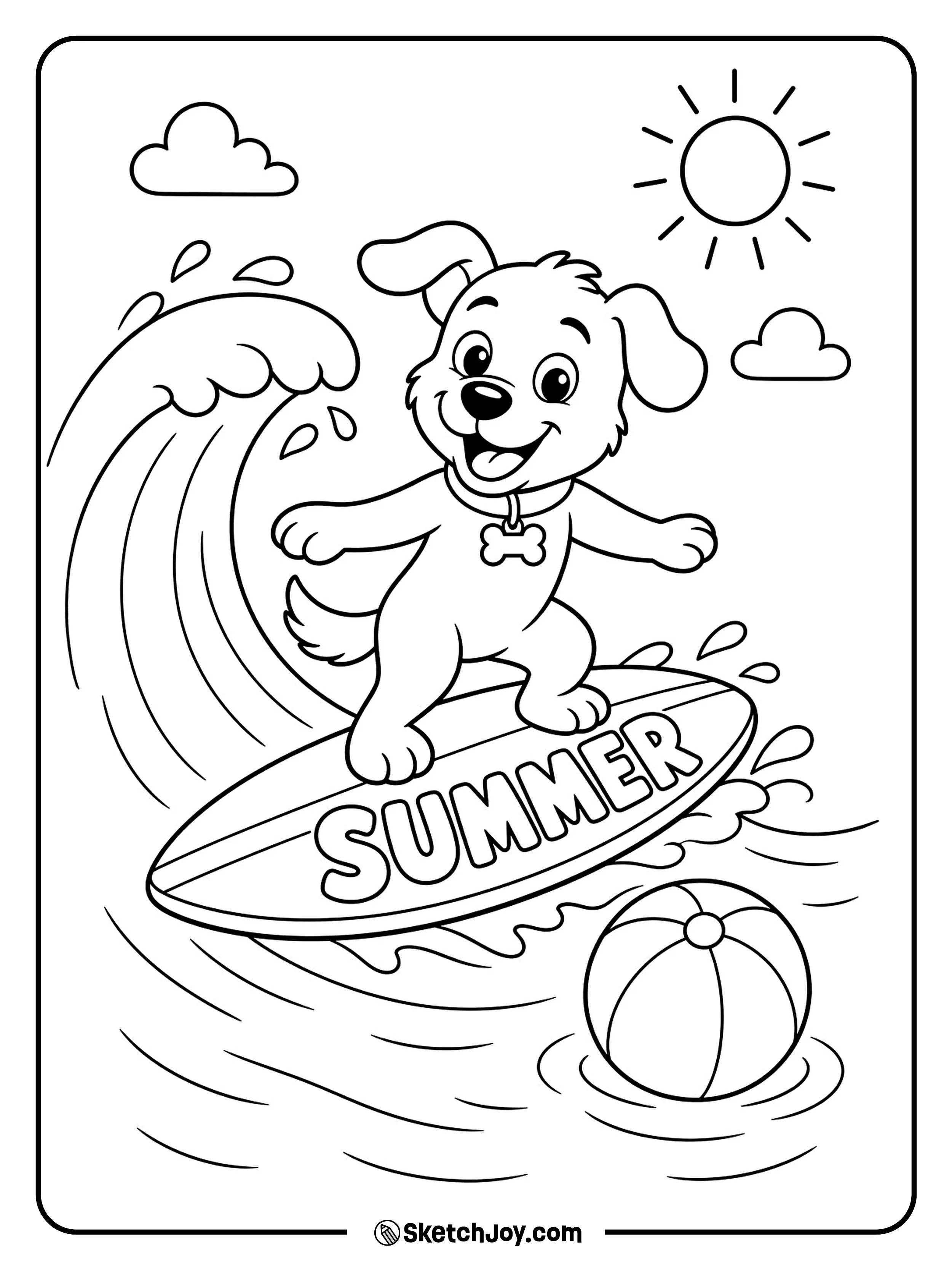 A playful dog rides a small surfboard on a soft wave.