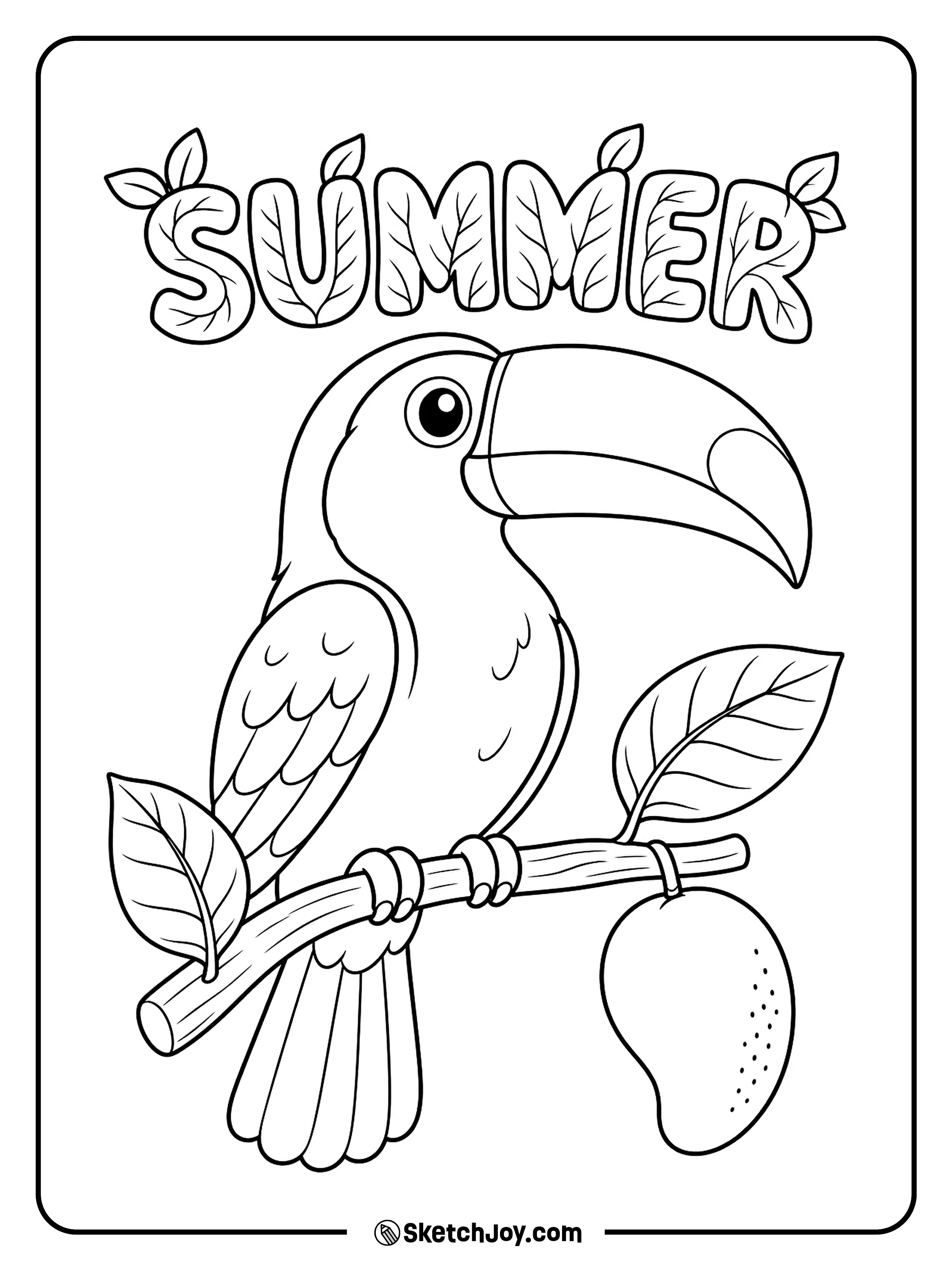A toucan sits on a branch with leaves and fruit.