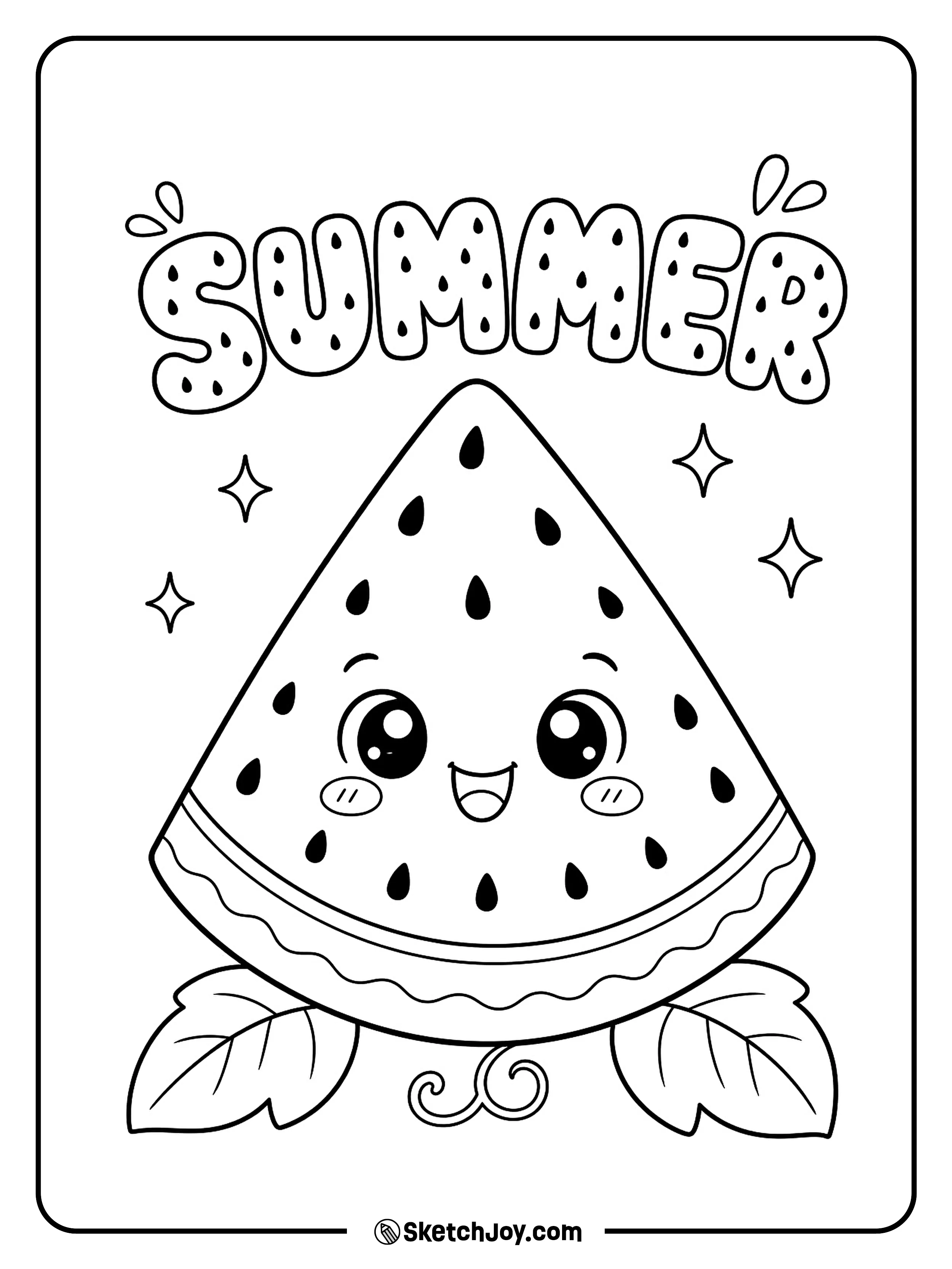 A happy watermelon slice sits with seeds and leaves.