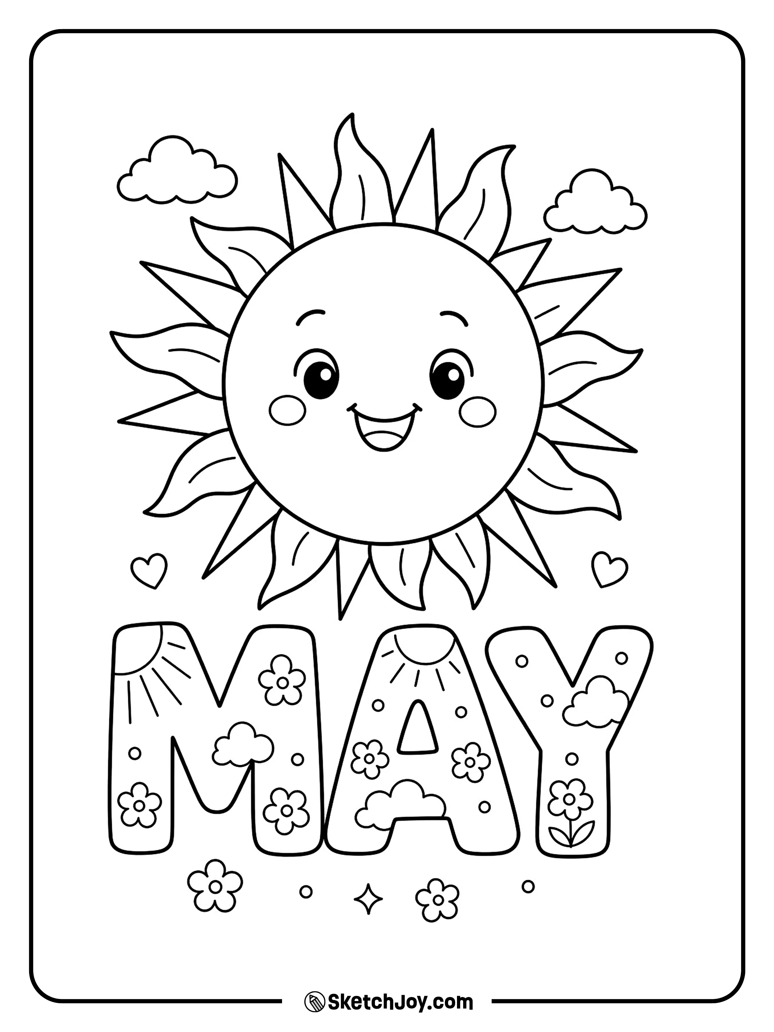 A big smiling sun beams over bold MAY letters.