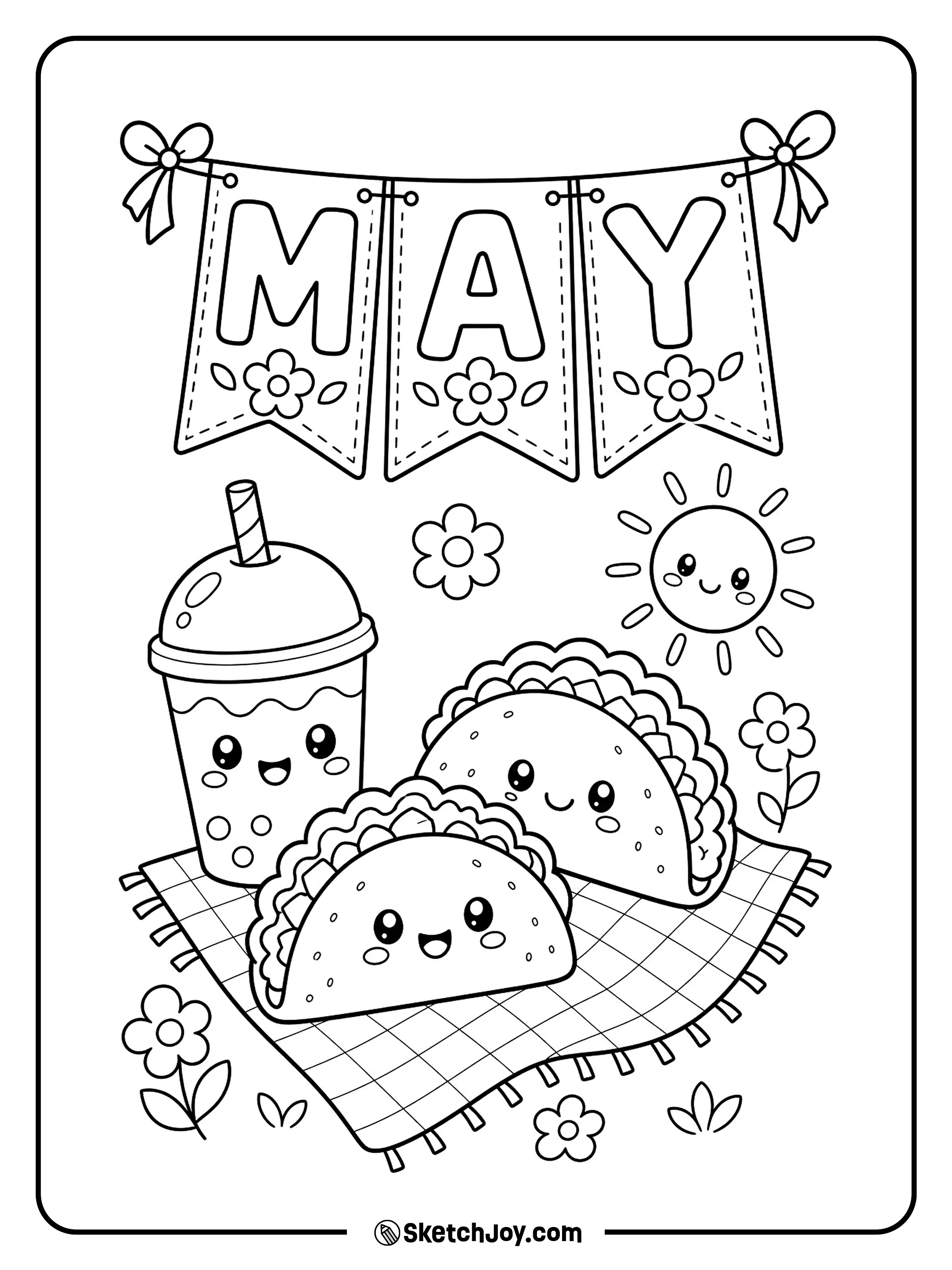 Cute tacos and flowers sit under a fun MAY banner.
