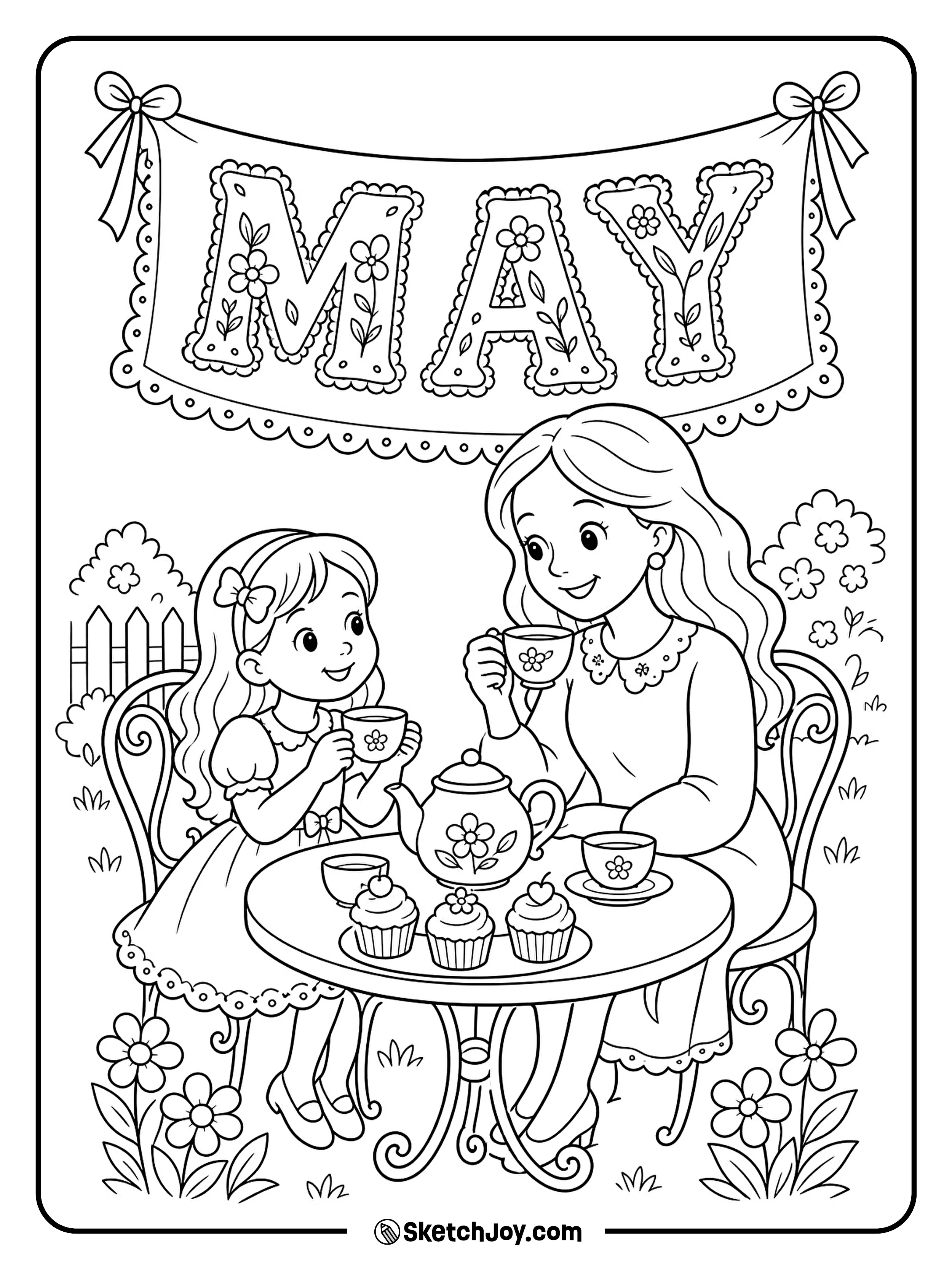 A lovely tea table scene has flowers and a pretty MAY banner.