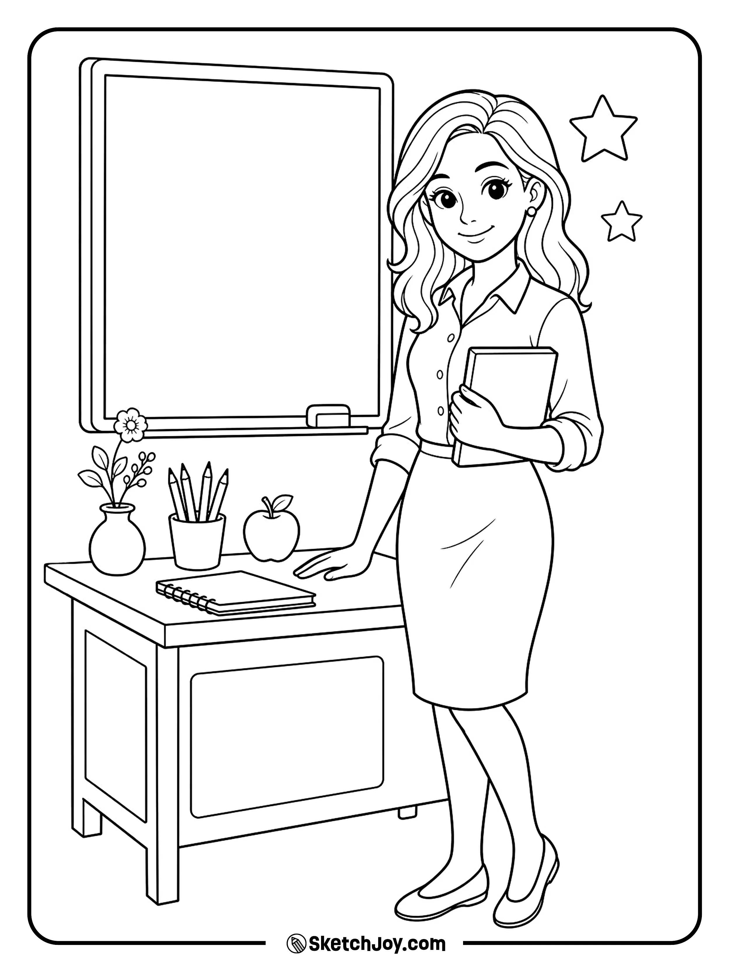 A teacher smiles beside a neat classroom desk.