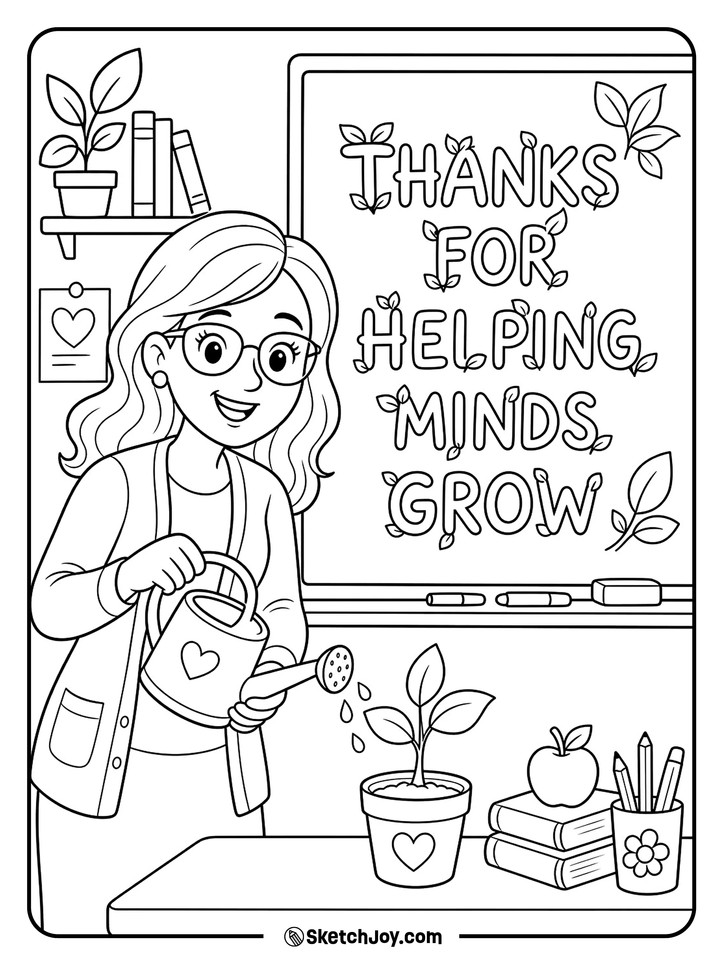 A teacher stands by a board with garden words.