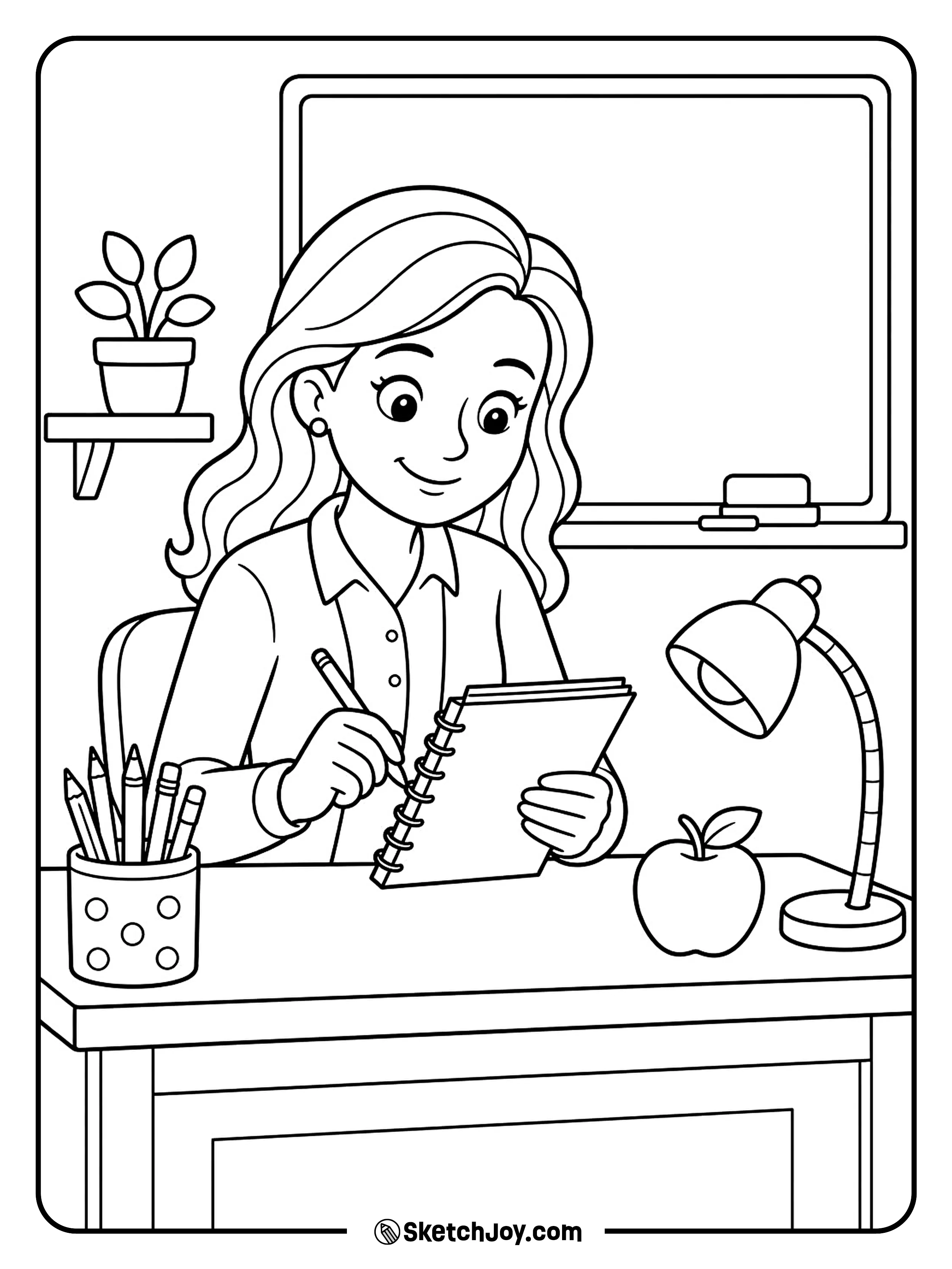 A teacher checks student notes at a calm desk.
