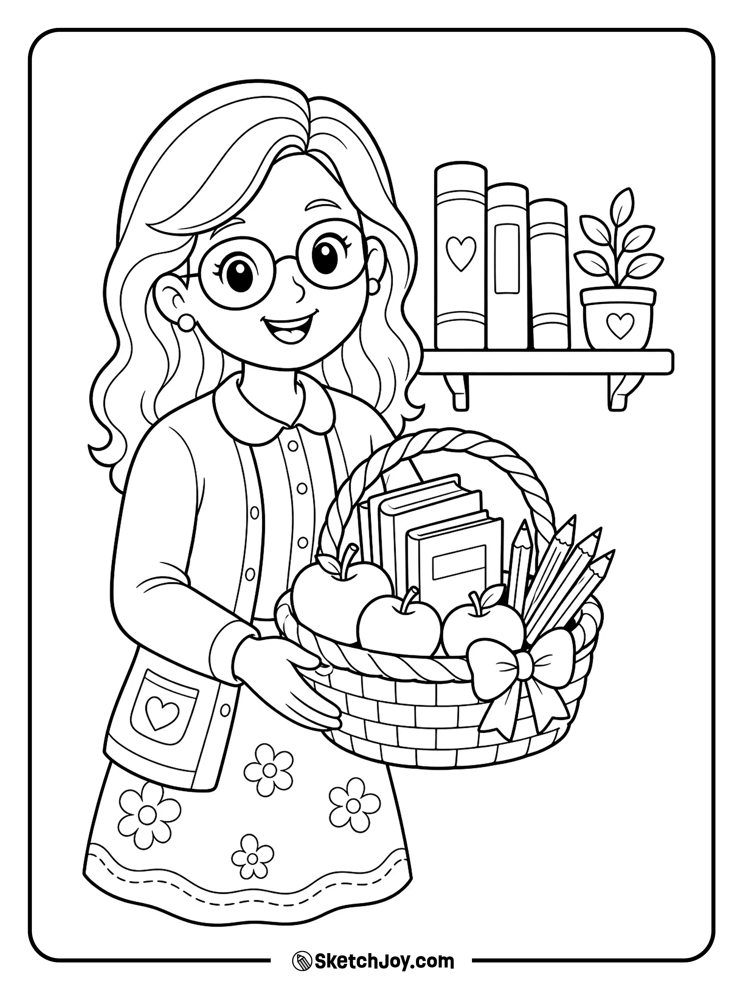 A teacher carries a basket of apples and books.
