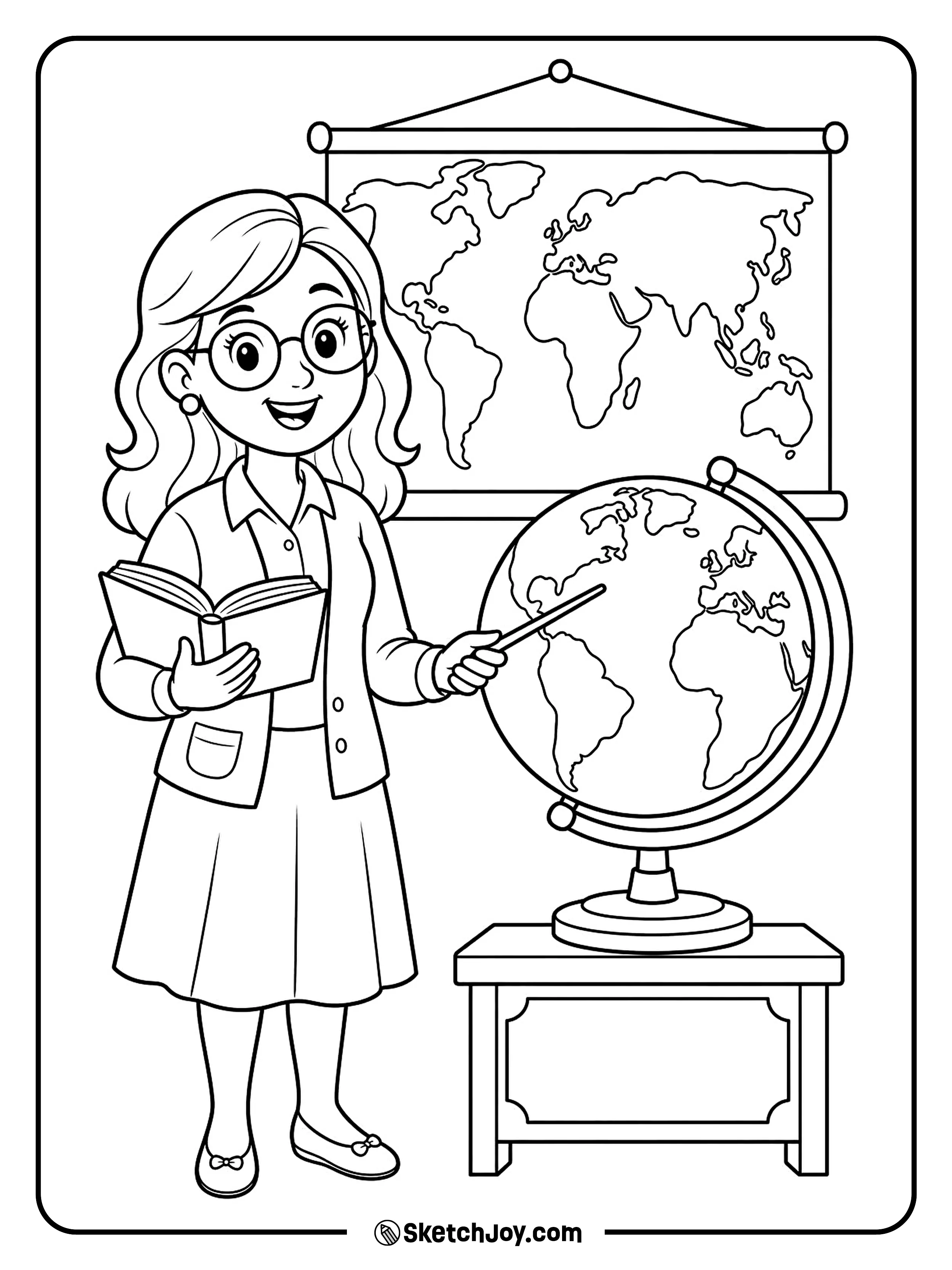 A teacher points to a globe during class.