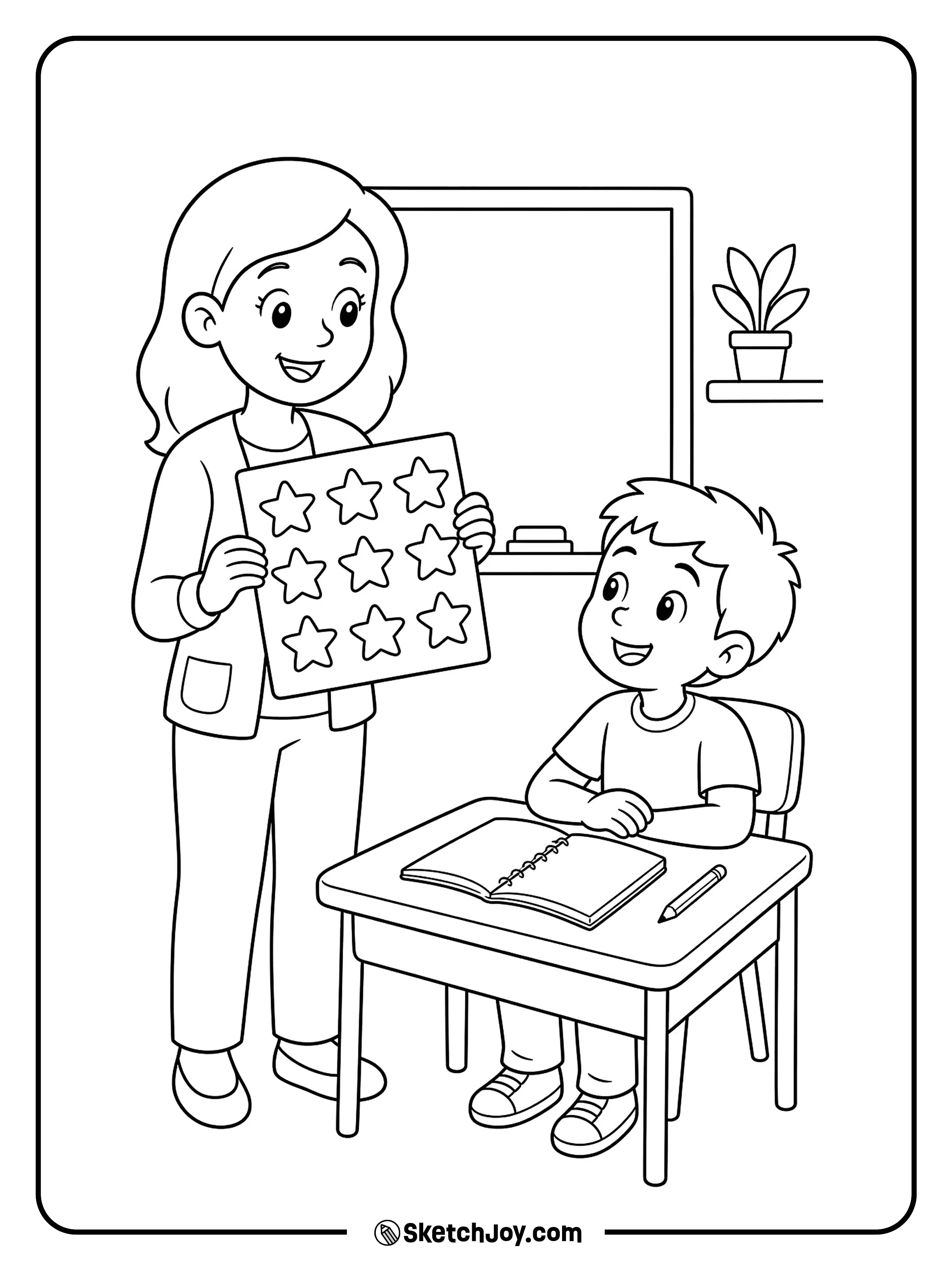 A teacher gives star stickers beside a desk.