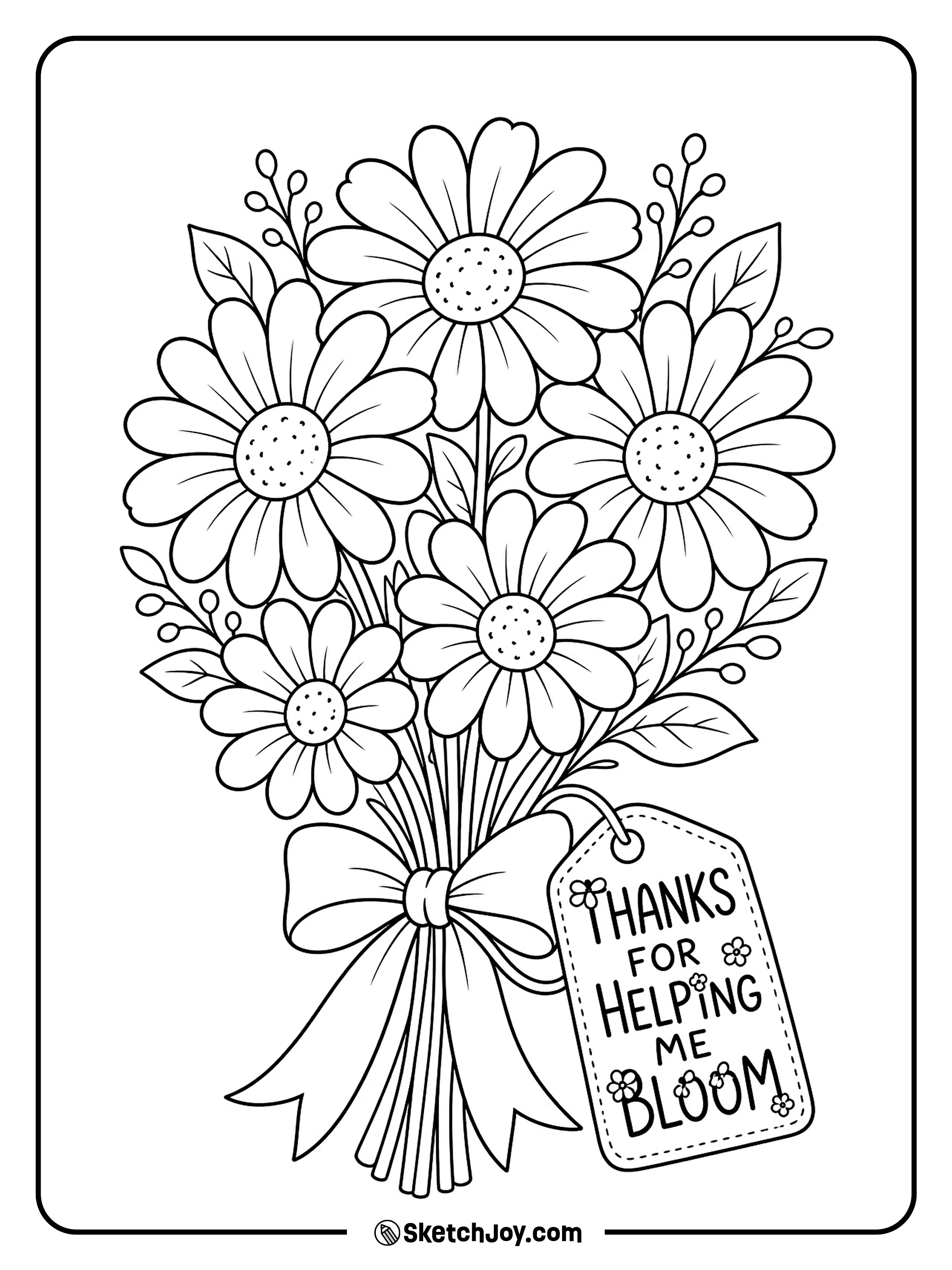 A flower bouquet carries a bright teacher thank-you note.
