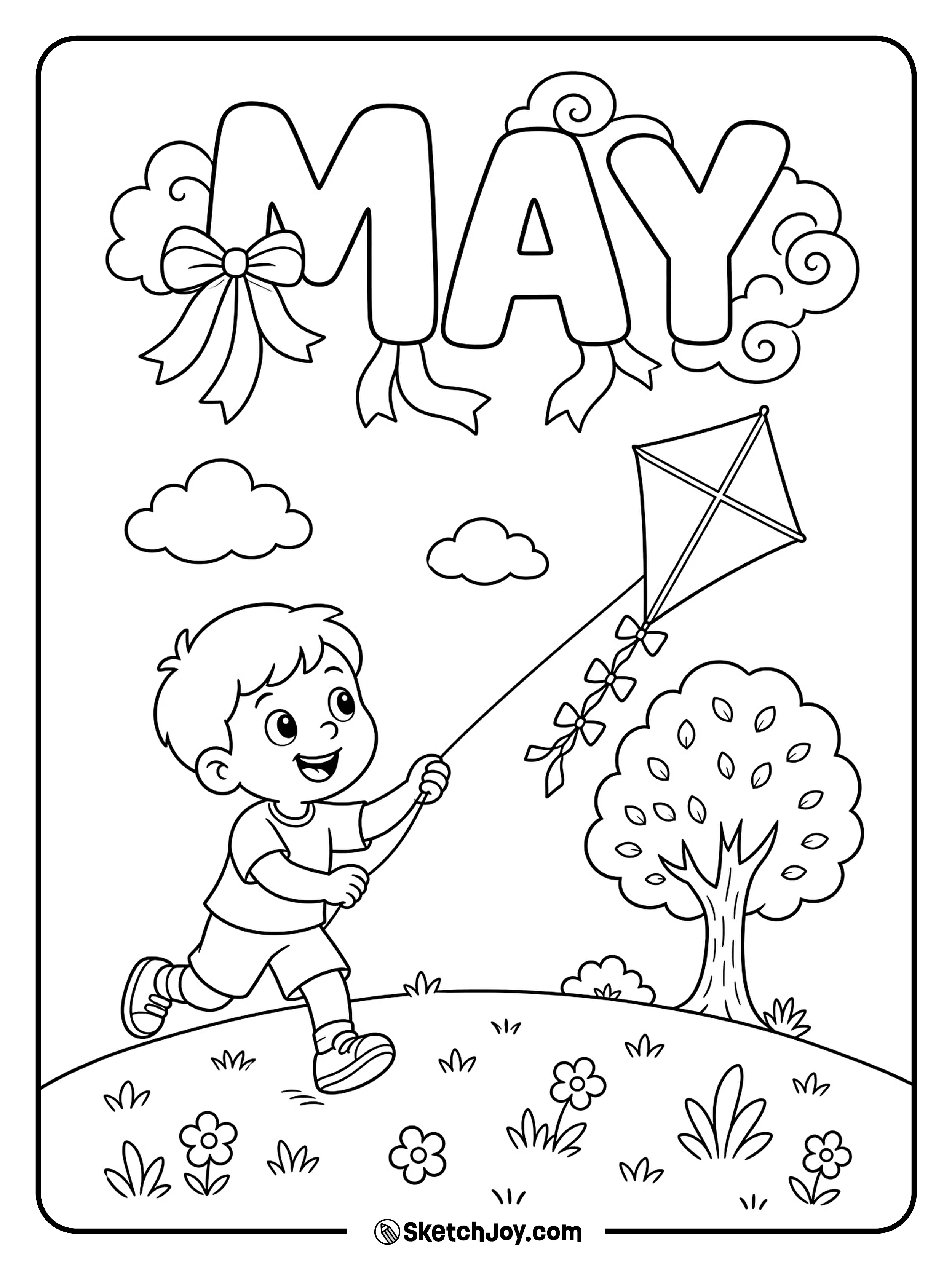 A child flies a kite on a bright spring day with MAY above.